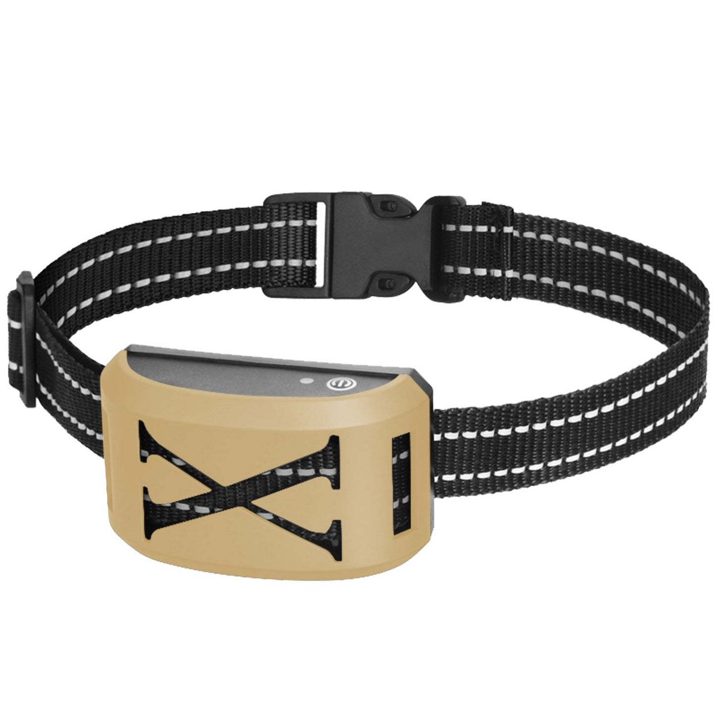 Gold receiver collar with black reflective woven strap and X-shaped grille close-up