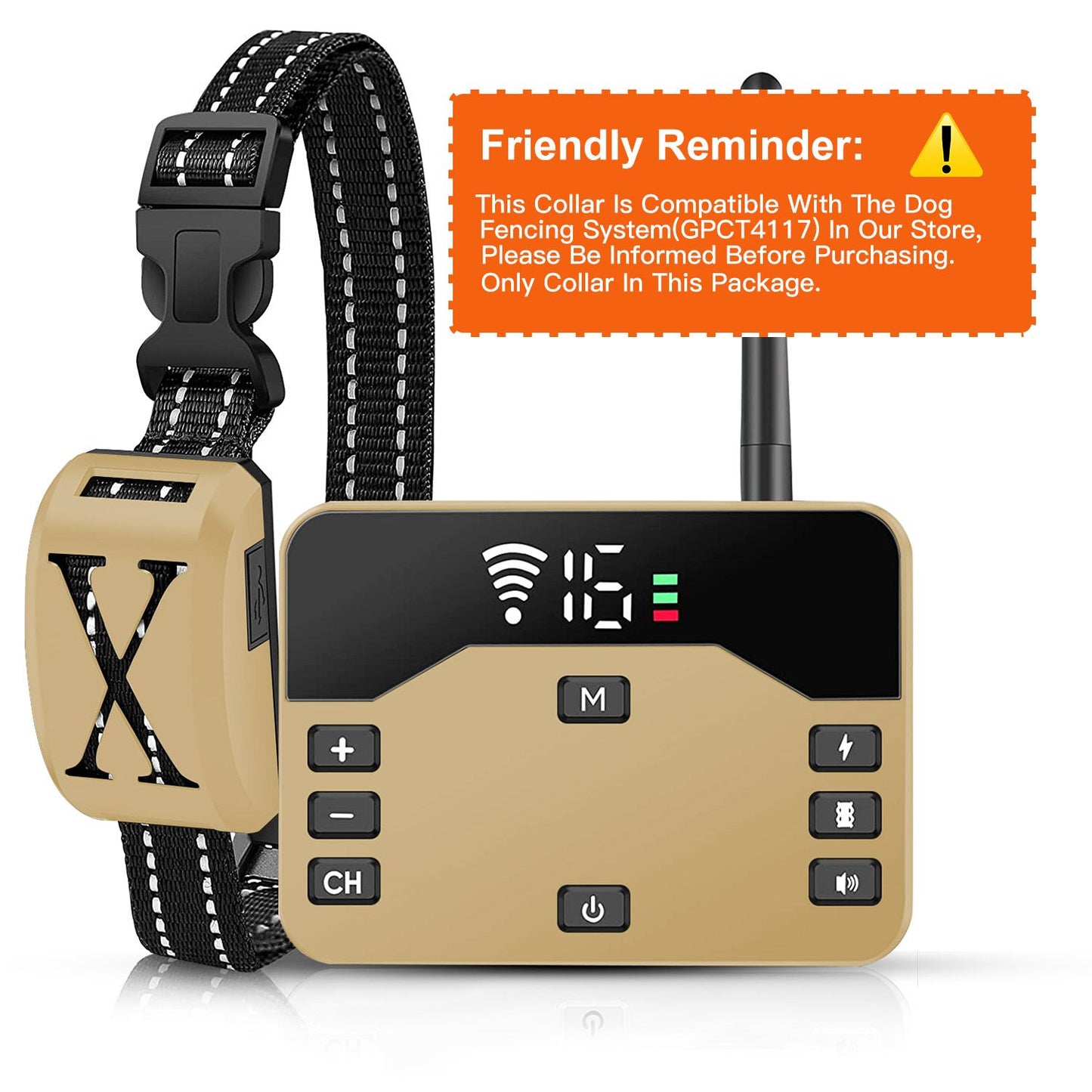 Gold receiver collar paired with transmitter showing display, buttons and antenna
