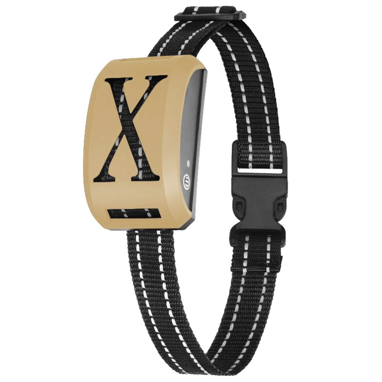 Angled gold receiver collar showing side profile, power indicator and adjustable black strap