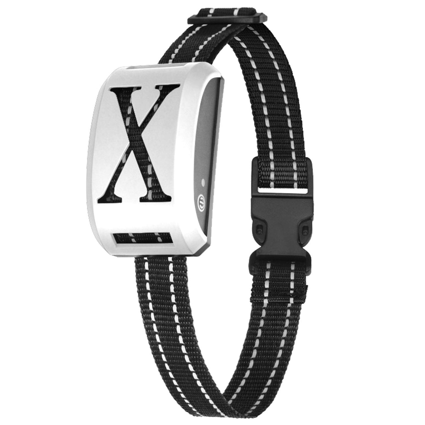 Vertical silver receiver collar with adjustable black strap and quick-release buckle
