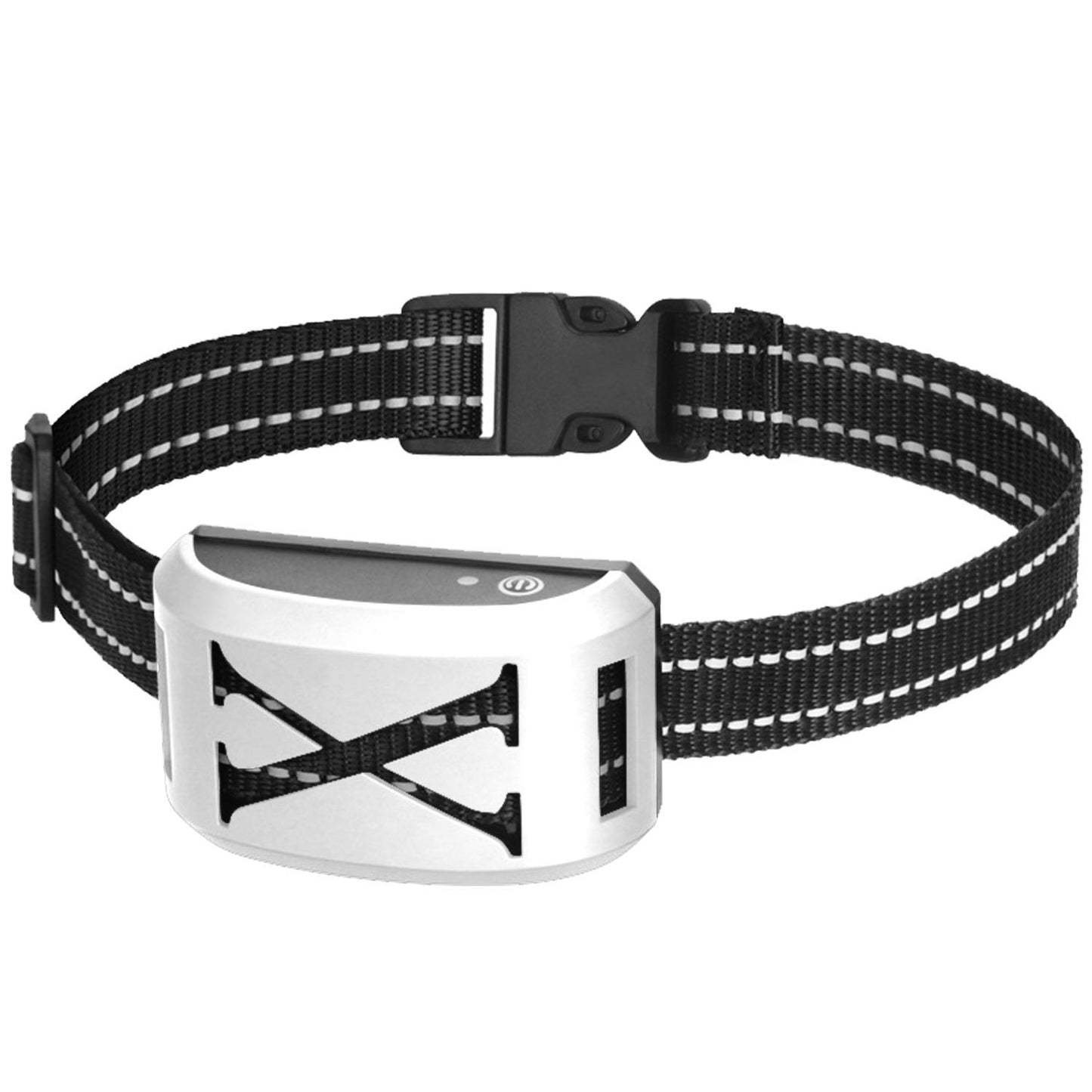Horizontal studio shot of silver receiver collar showing grille, power LED and strap slots