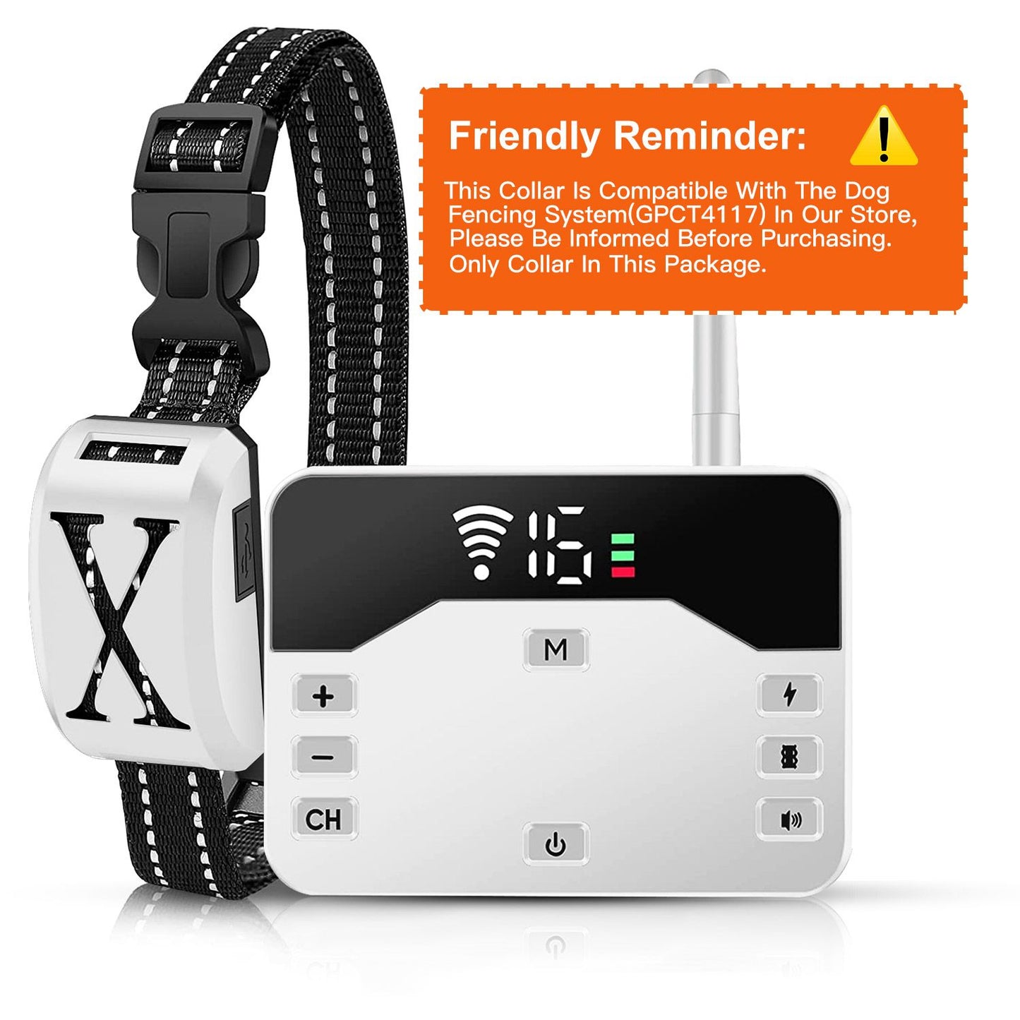 White transmitter with receiver collar and reminder banner showing display, buttons and antenna