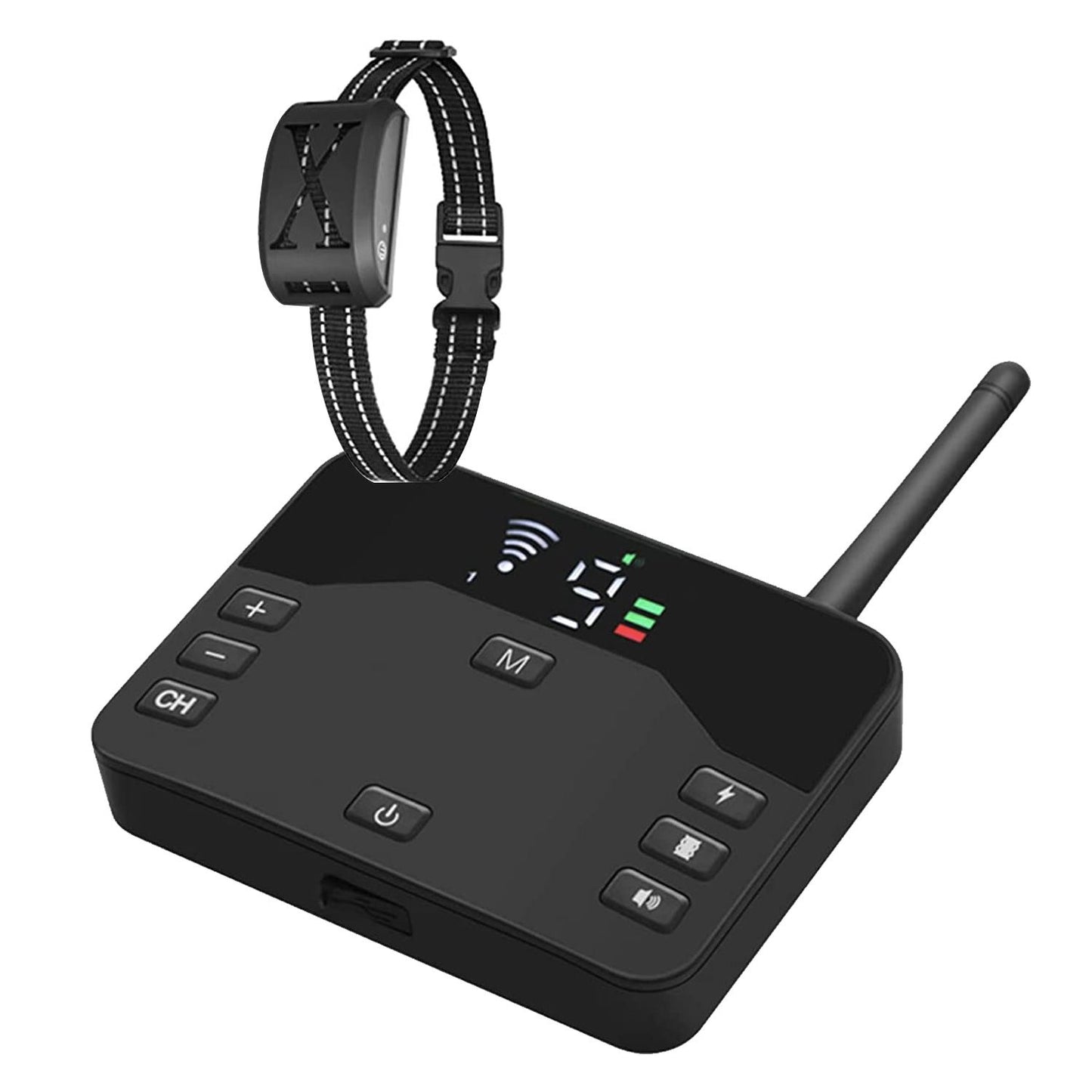 Angled black transmitter with collar showing button layout, antenna and strap routing