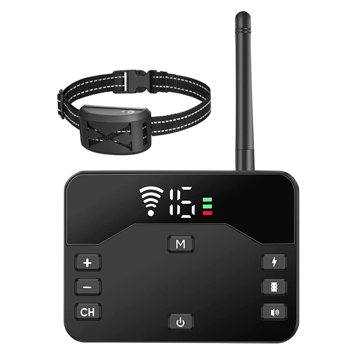 Black transmitter front view with receiver collar above showing numeric display and control buttons