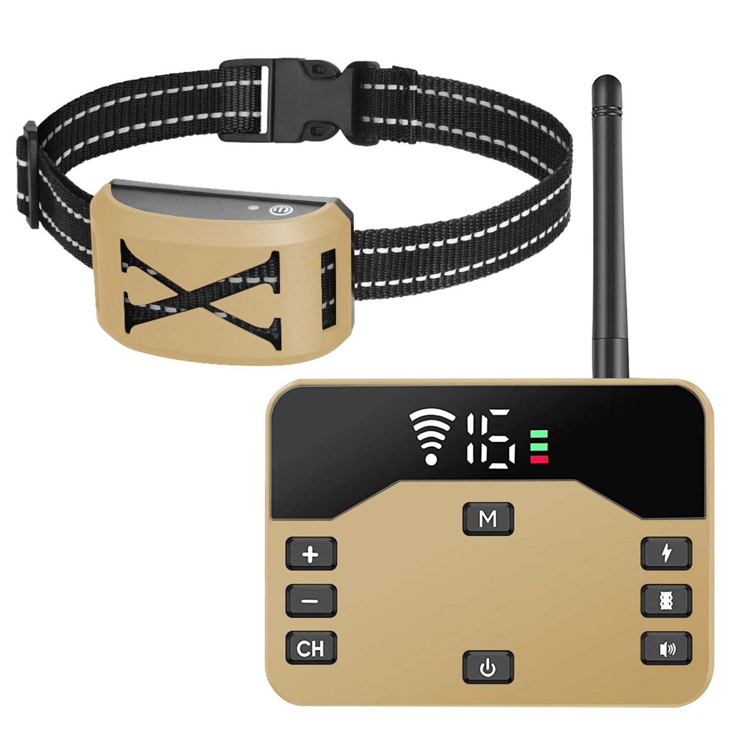 Gold receiver collar above gold transmitter with antenna showing matching kit and controls
