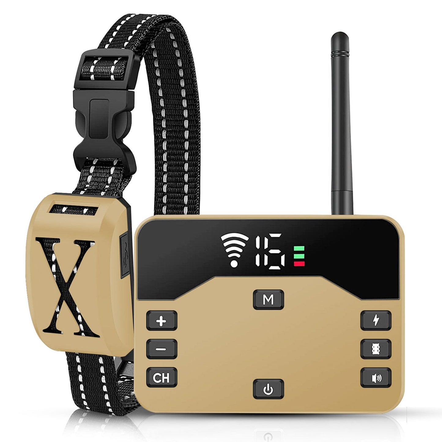 Gold receiver collar with black reflective woven strap and X-shaped grille close-up