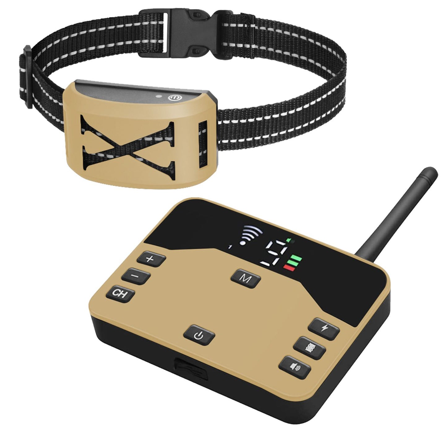 Gold receiver collar and gold transmitter front-facing display showing controls, LED and reflective strap