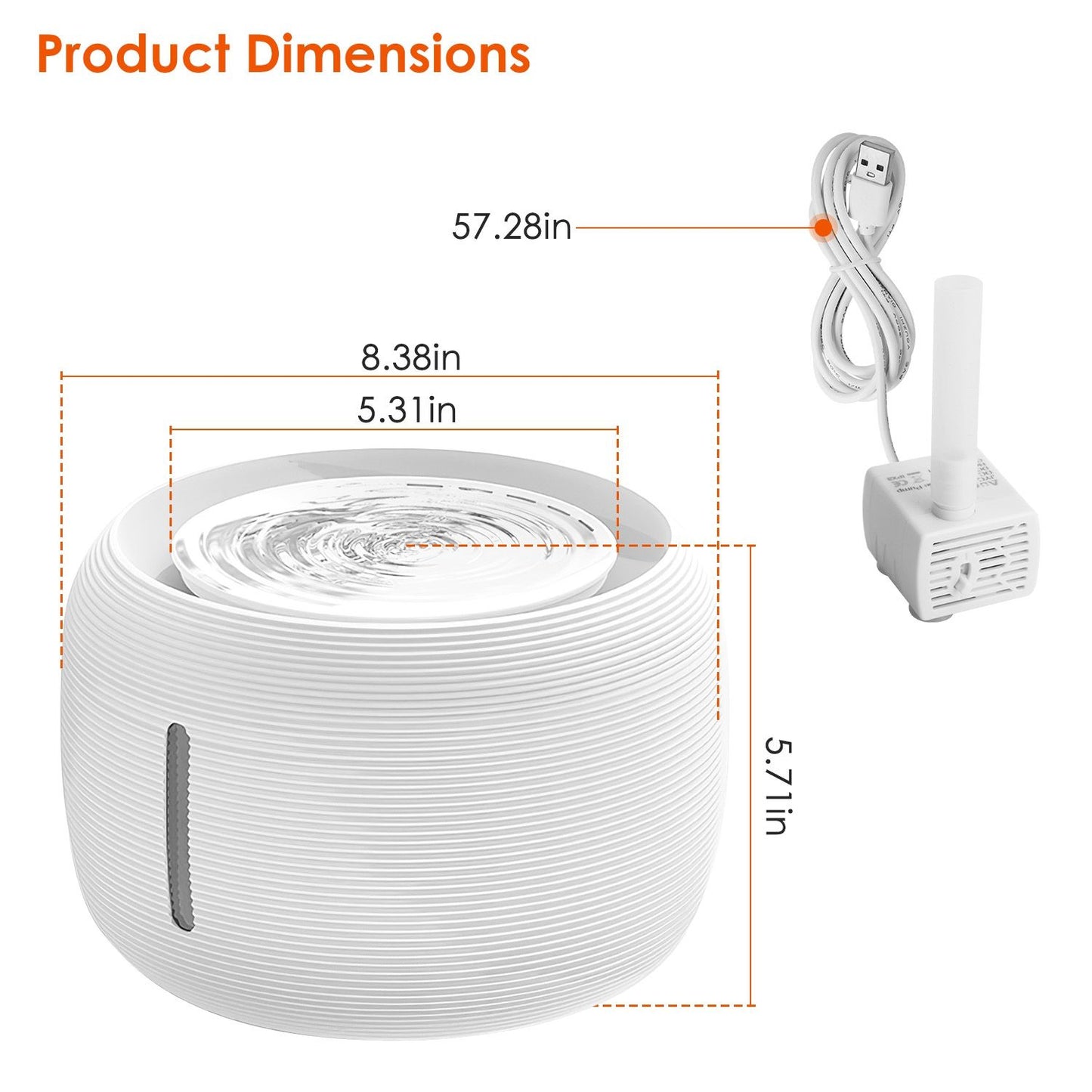 Product dimensions 8.38 by 5.71 inches with USB pump and 57.28 inch cord for placement planning