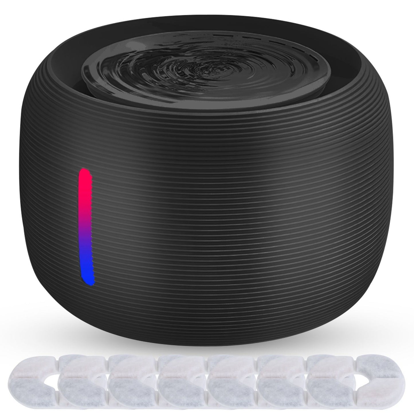 Black fountain studio render with vertical pink-to-blue gradient LED and rounded ribbed design
