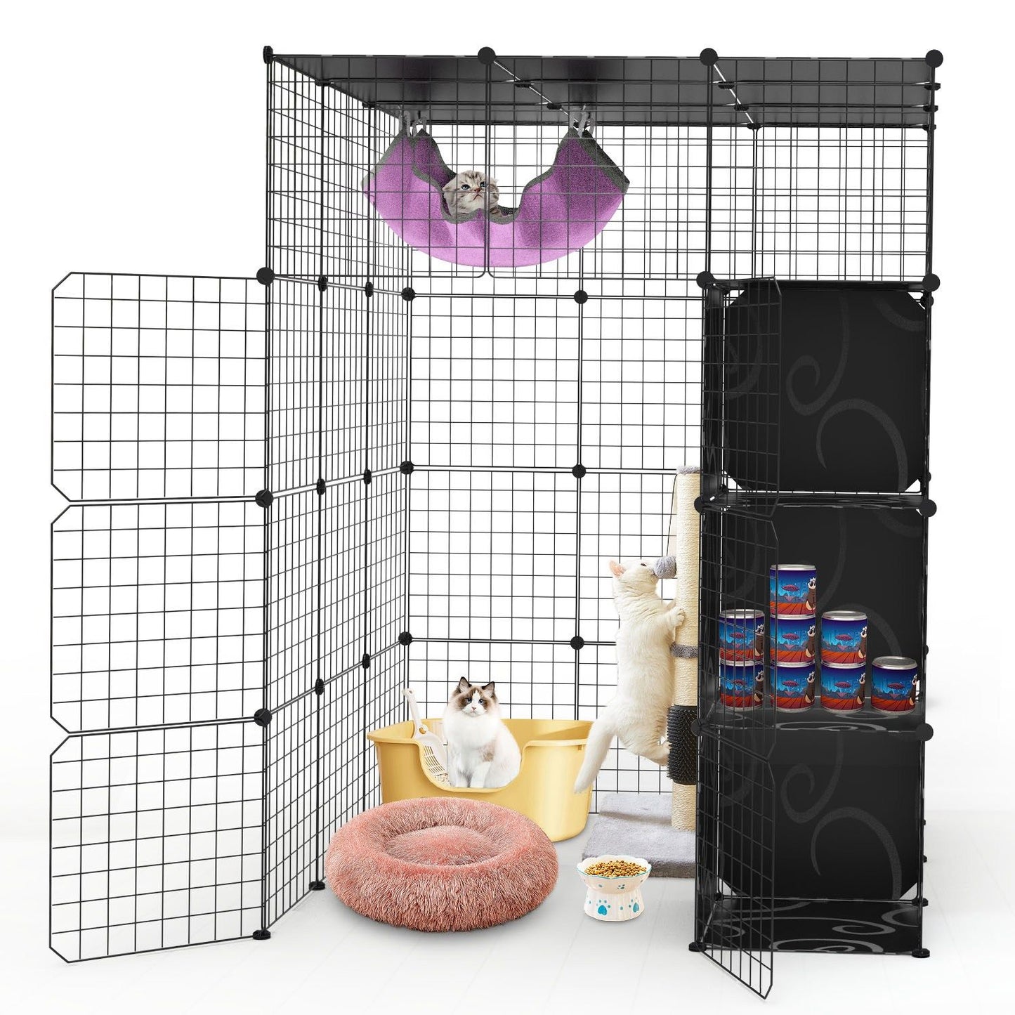 Studio shot of assembled playpen with hammock, open gate, bed, feeding bowl and storage shelves holding pet supplies