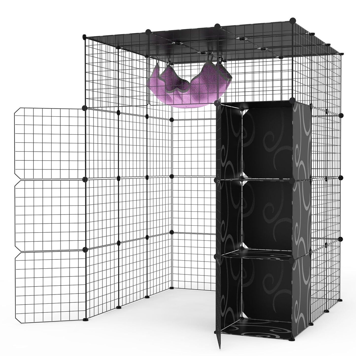 Empty L-shaped 4-tier black metal cat playpen with hammock and stacked storage cubes