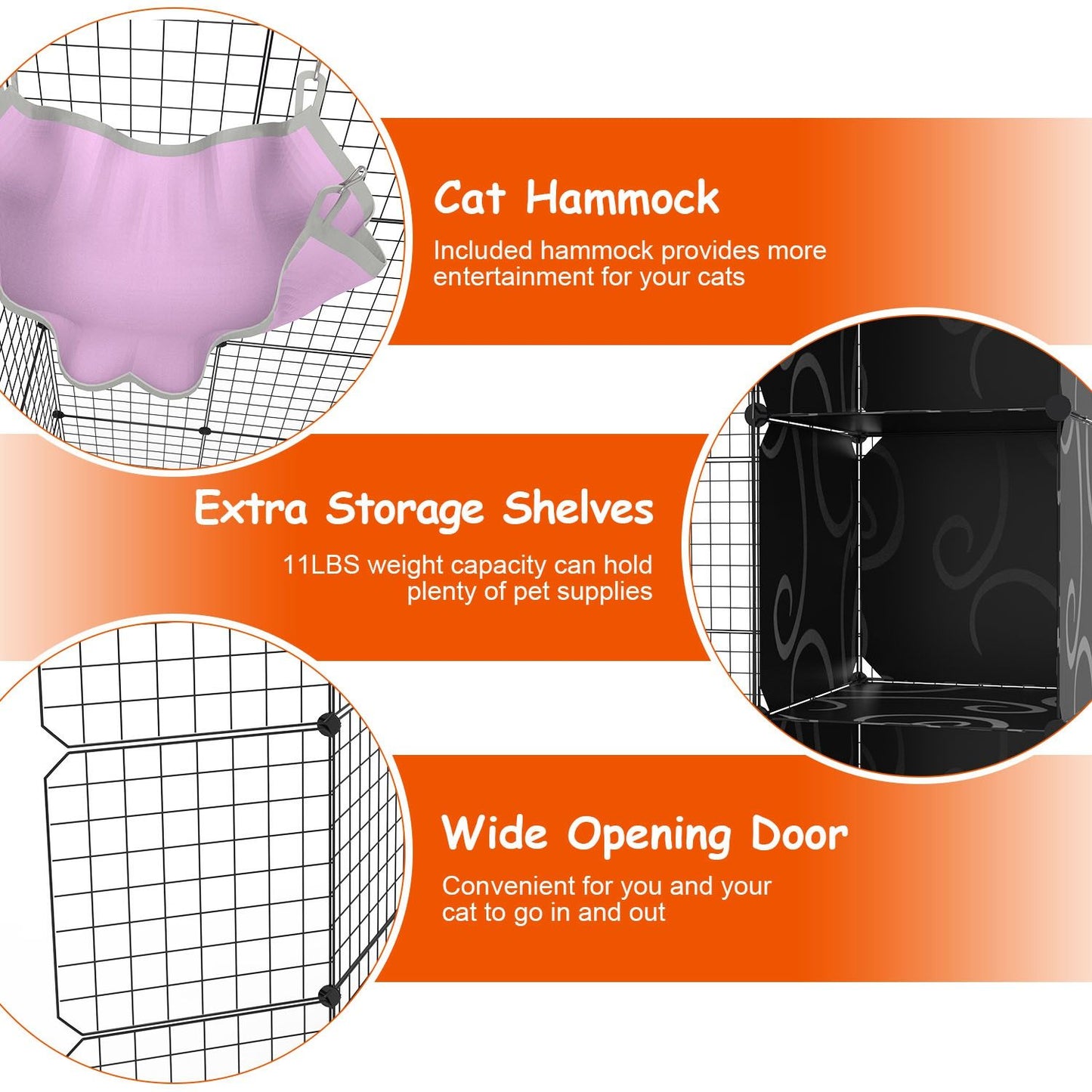 Close-up feature graphics of hammock, storage shelves and wide opening door on the cat playpen