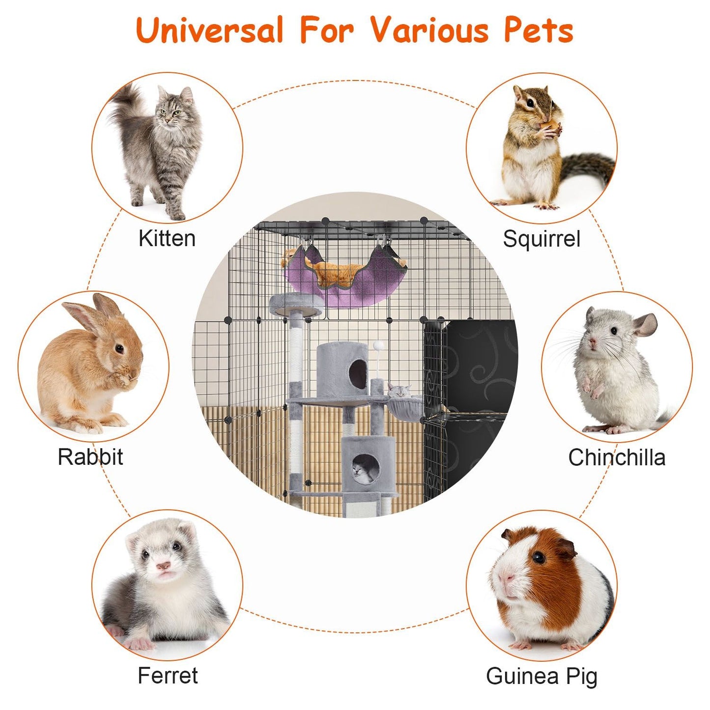 Graphic showing playpen configured with cat tree and hammock and icons of various small pets it can house