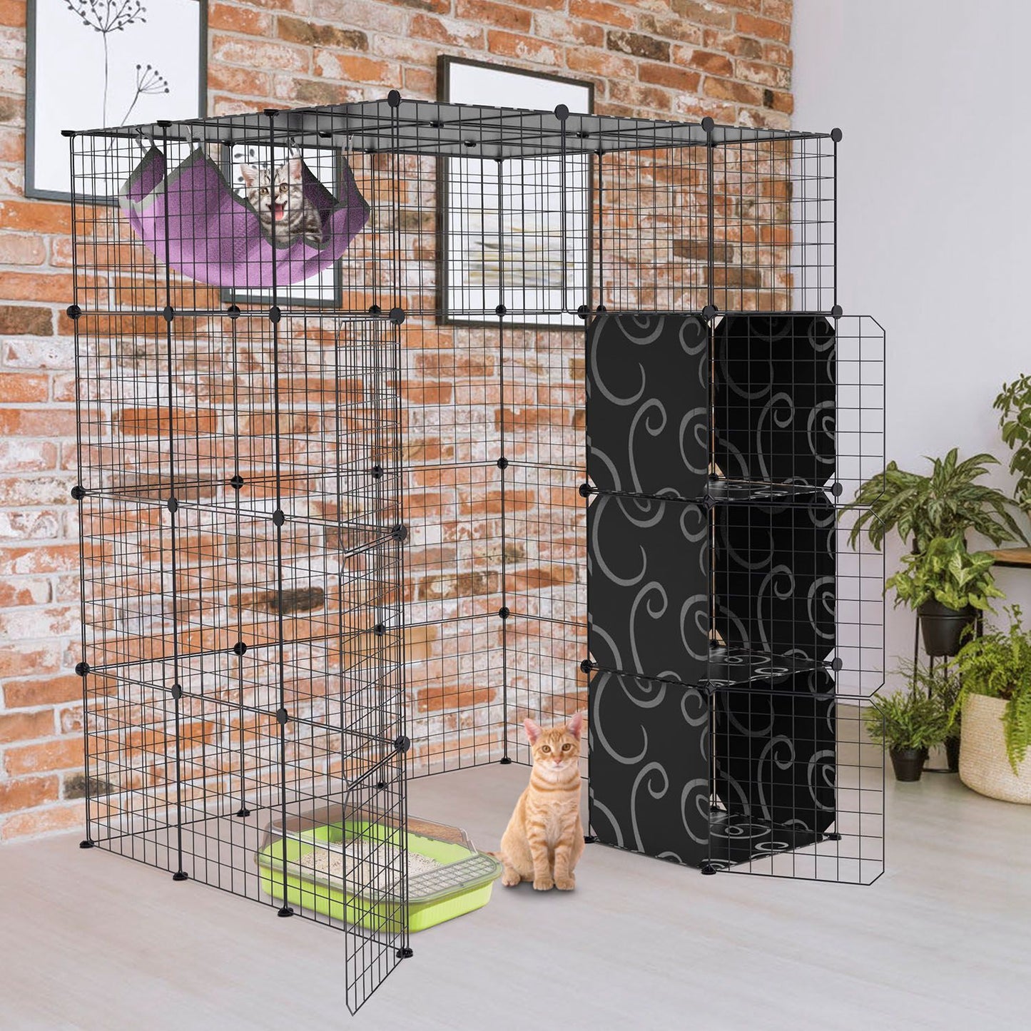 Lifestyle view of assembled 4-tier playpen in living room with hammock, storage cubes, litter box and cat