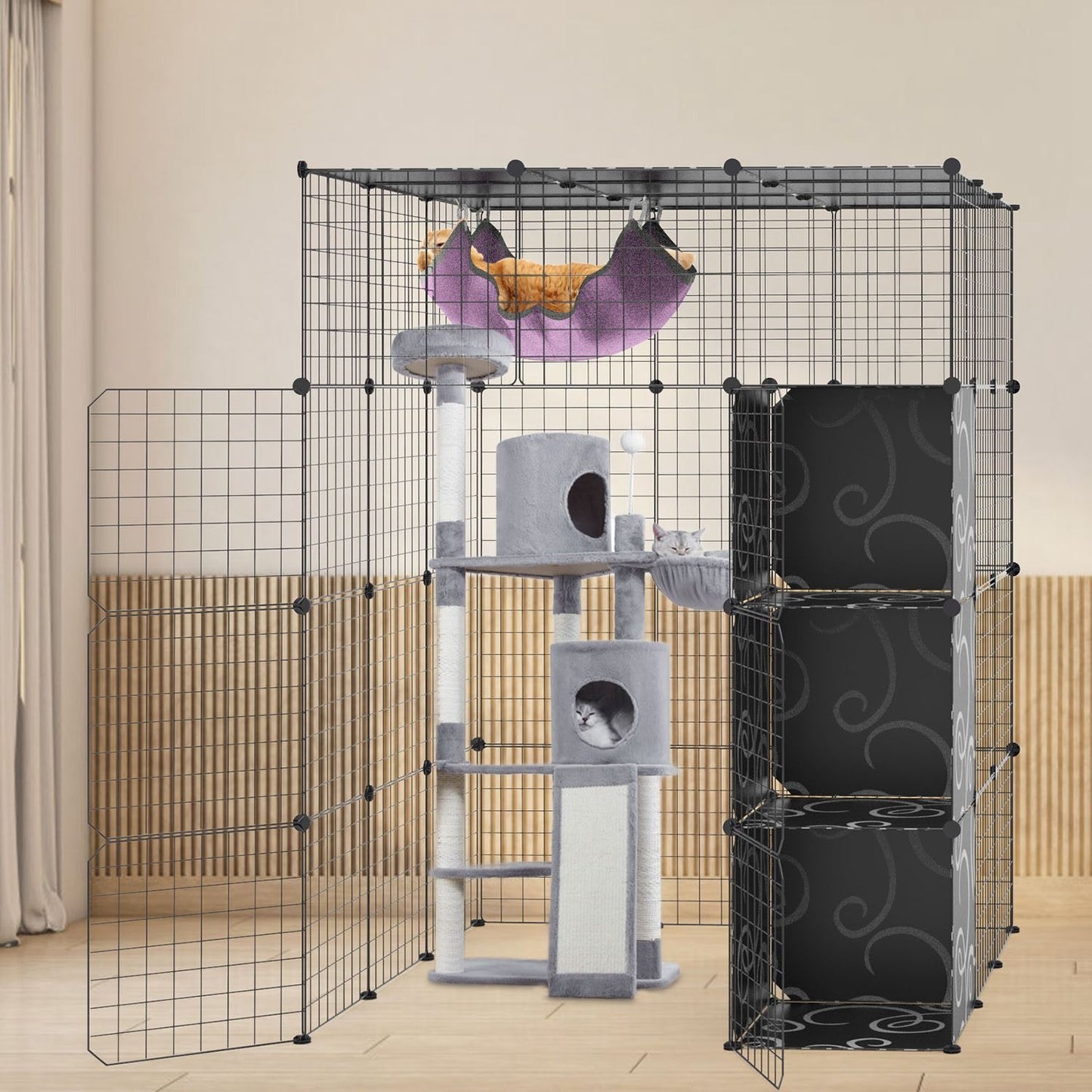 Playpen fitted around a tall cat tree with hammock above and storage cube tower to the right, showing vertical play space