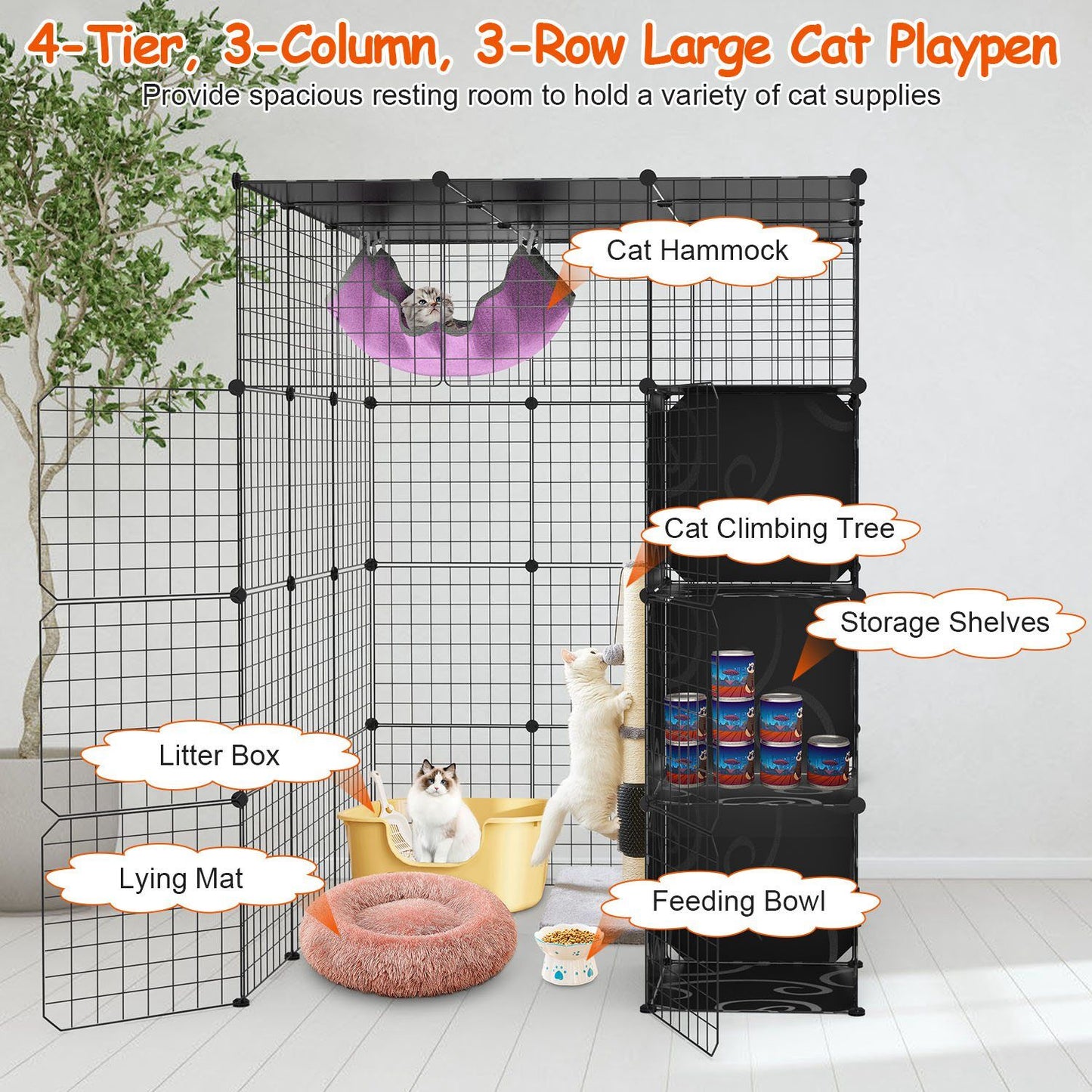 Assembled playpen showing hammock, cat tree, storage shelves with supplies and suggested accessory placement
