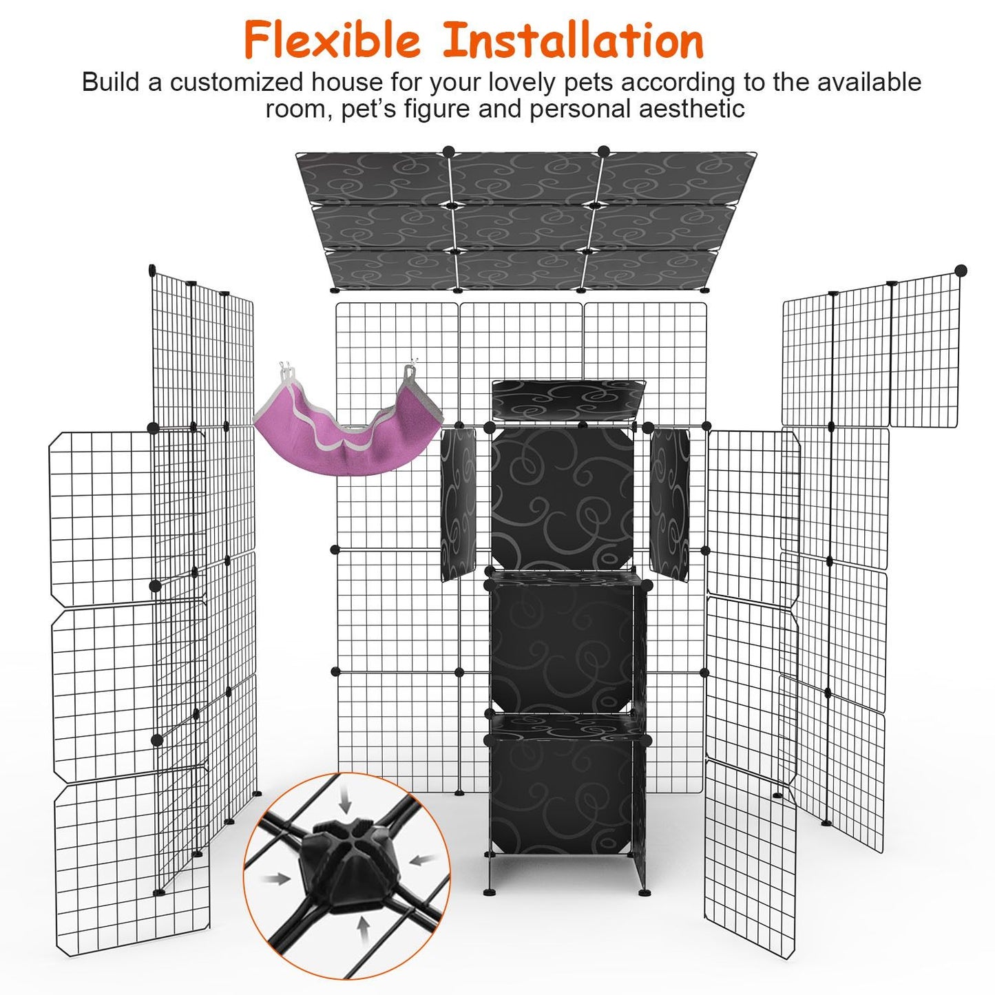 Exploded view of panels, top plates, hammock and storage cubes illustrating modular installation and connectors