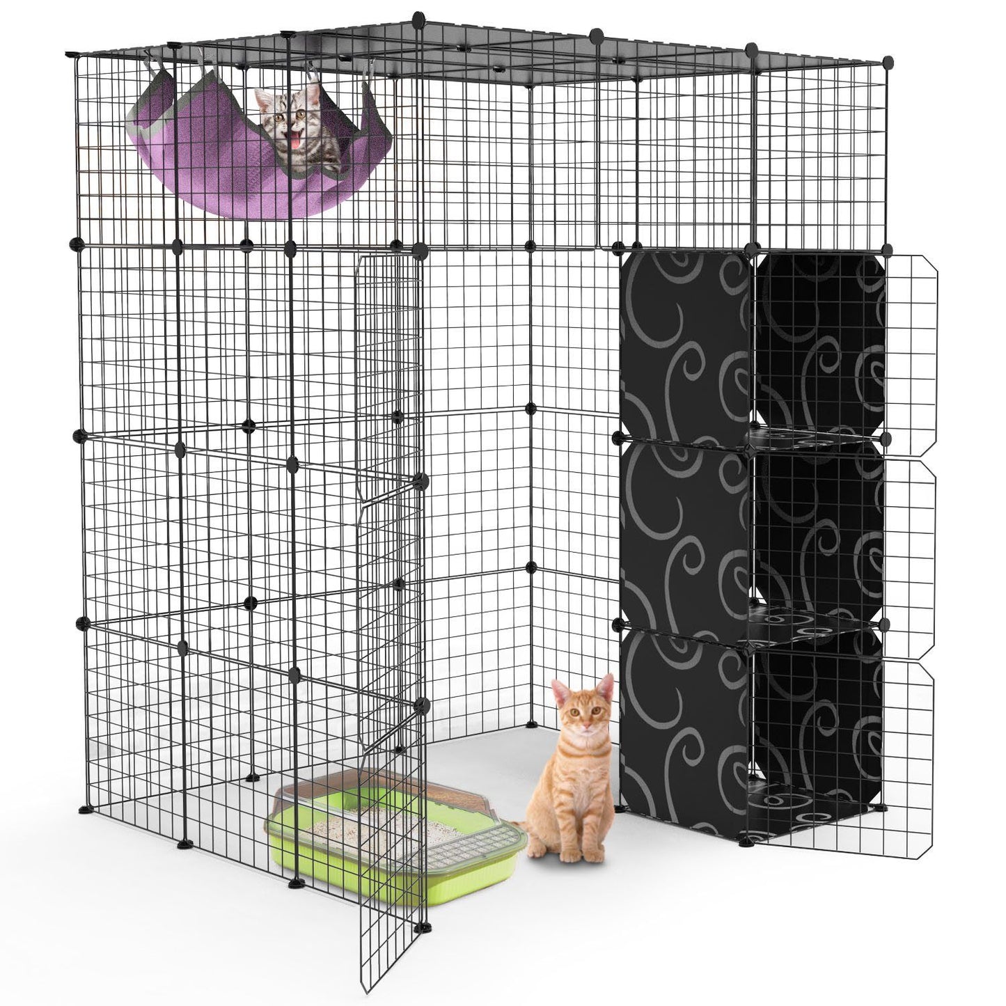 4-tier black metal cat playpen with hammock, open front door, right-side storage cubes and litter box