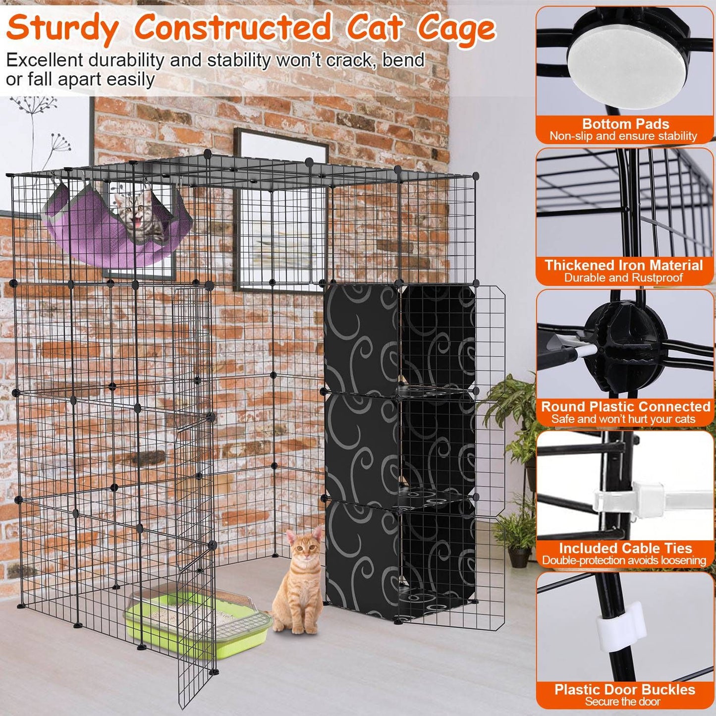 Construction close-ups showing iron grids, plastic connectors, bottom pads, cable ties and door buckles