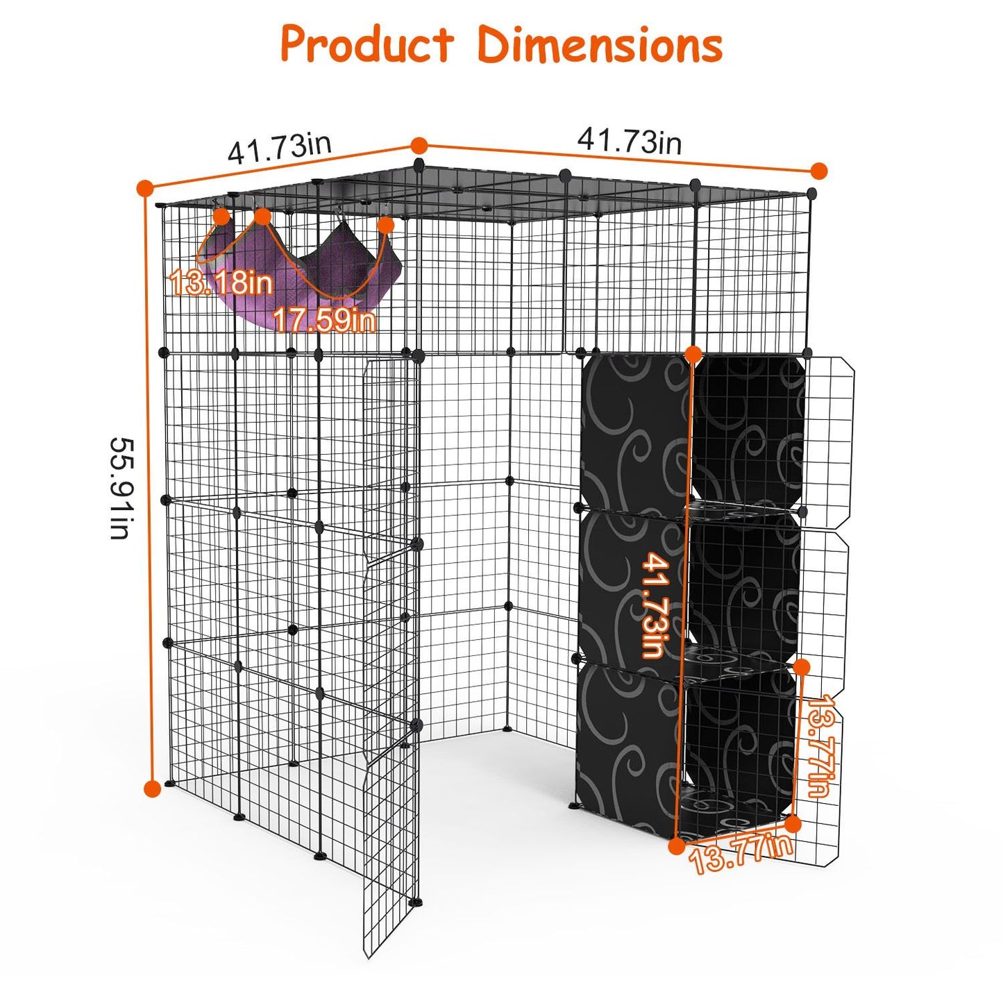 Dimension diagram of assembled playpen with overall and hammock measurements annotated in orange lines