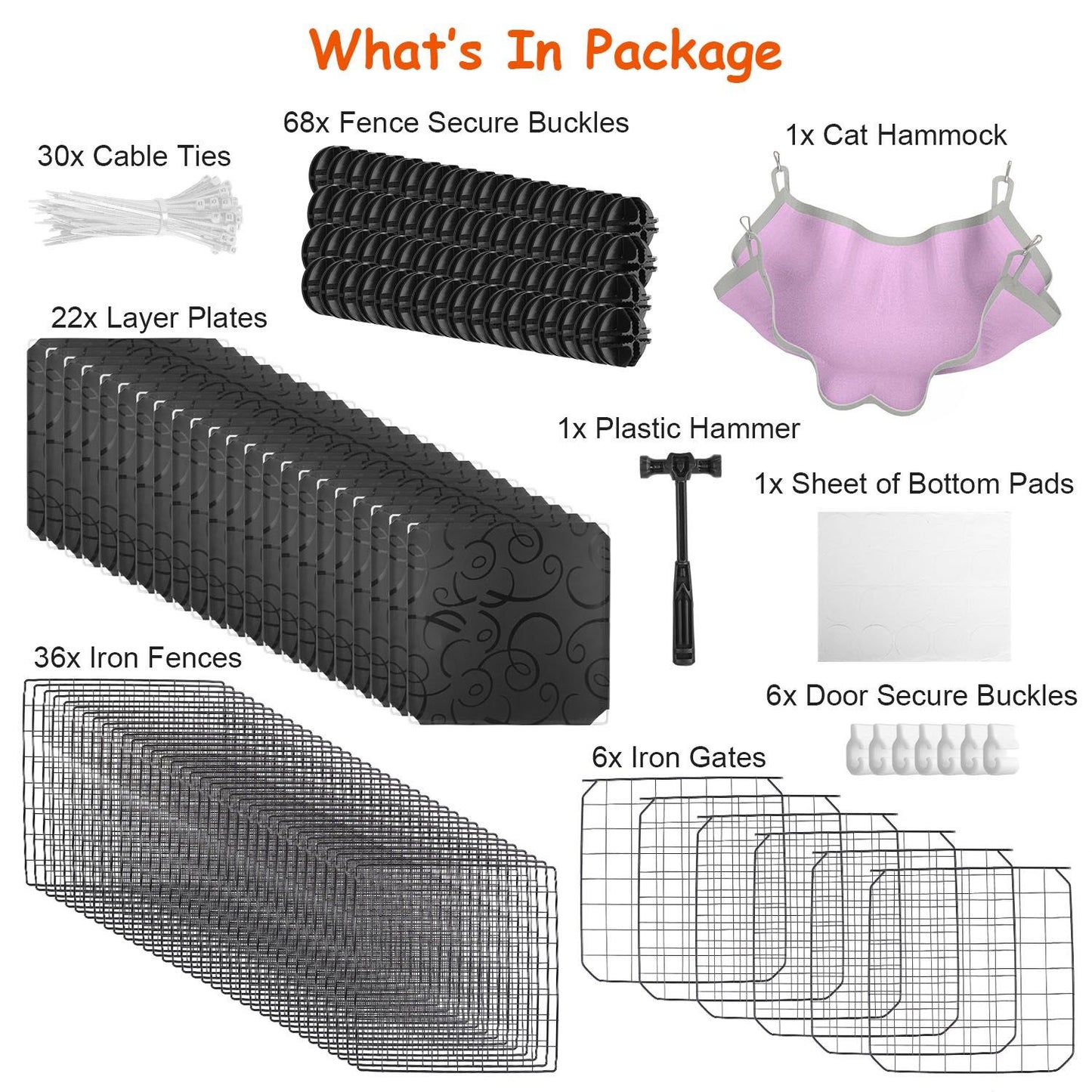 Kit contents flat-lay showing fence panels, gates, layer plates, buckles, cable ties, hammer, bottom pads and hammock