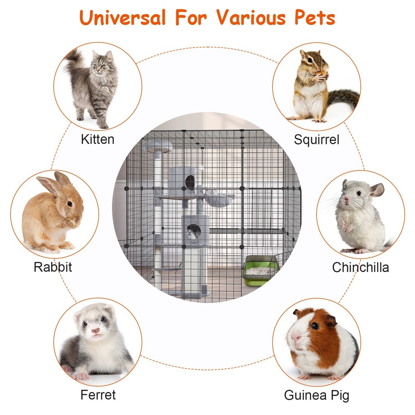 Graphic showing playpen suitable for kittens, rabbits, ferrets, guinea pigs, chinchillas and squirrels