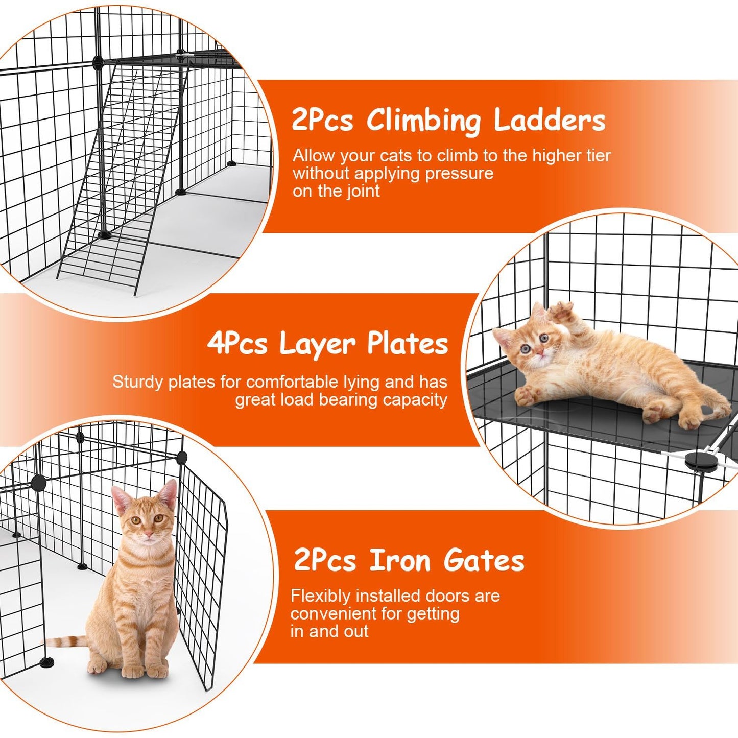 Close-up feature panel showing 2 ladders, 4 layer plates and 2 iron gates with cats for scale