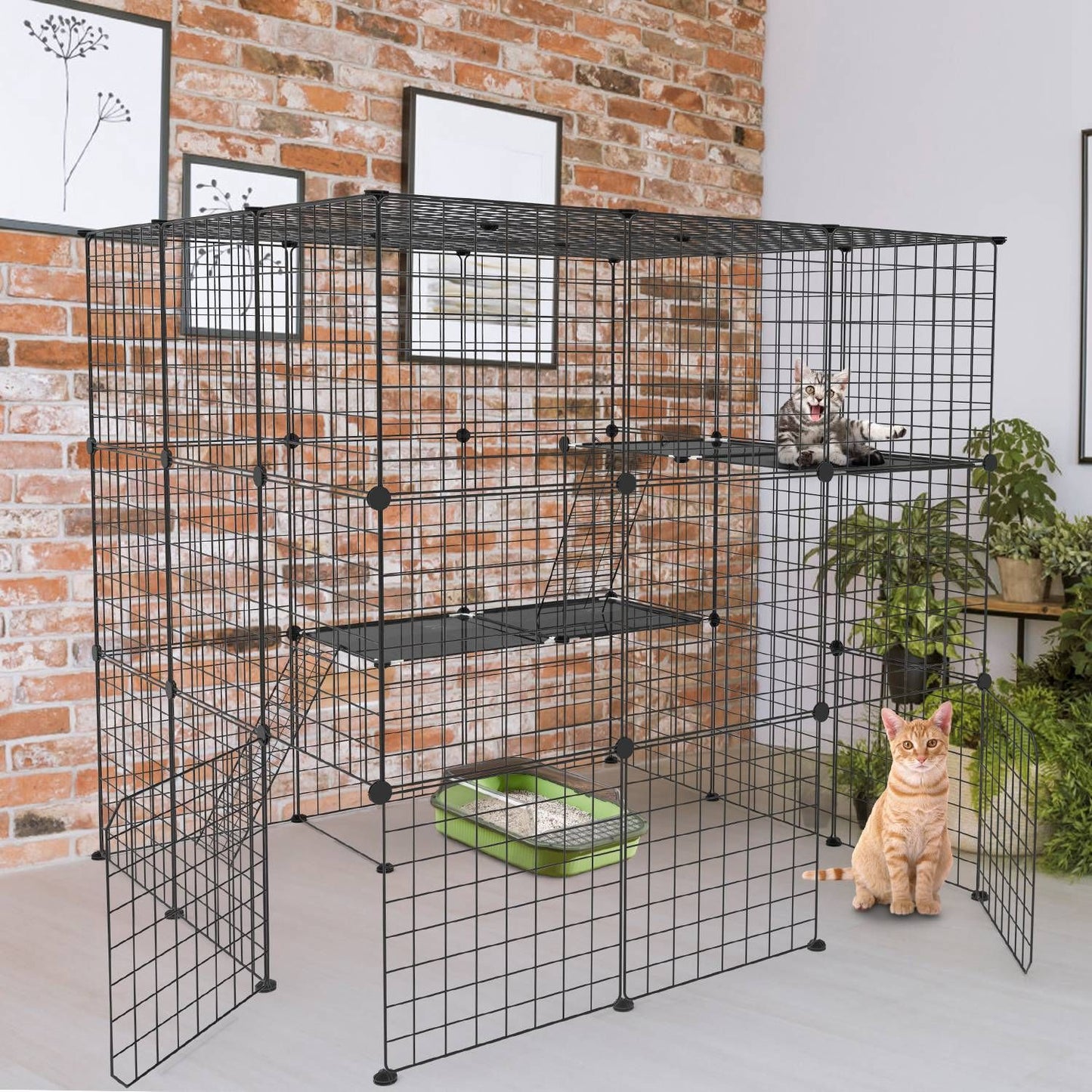 Assembled black metal cat cage in living room with platforms, open doors and litter box