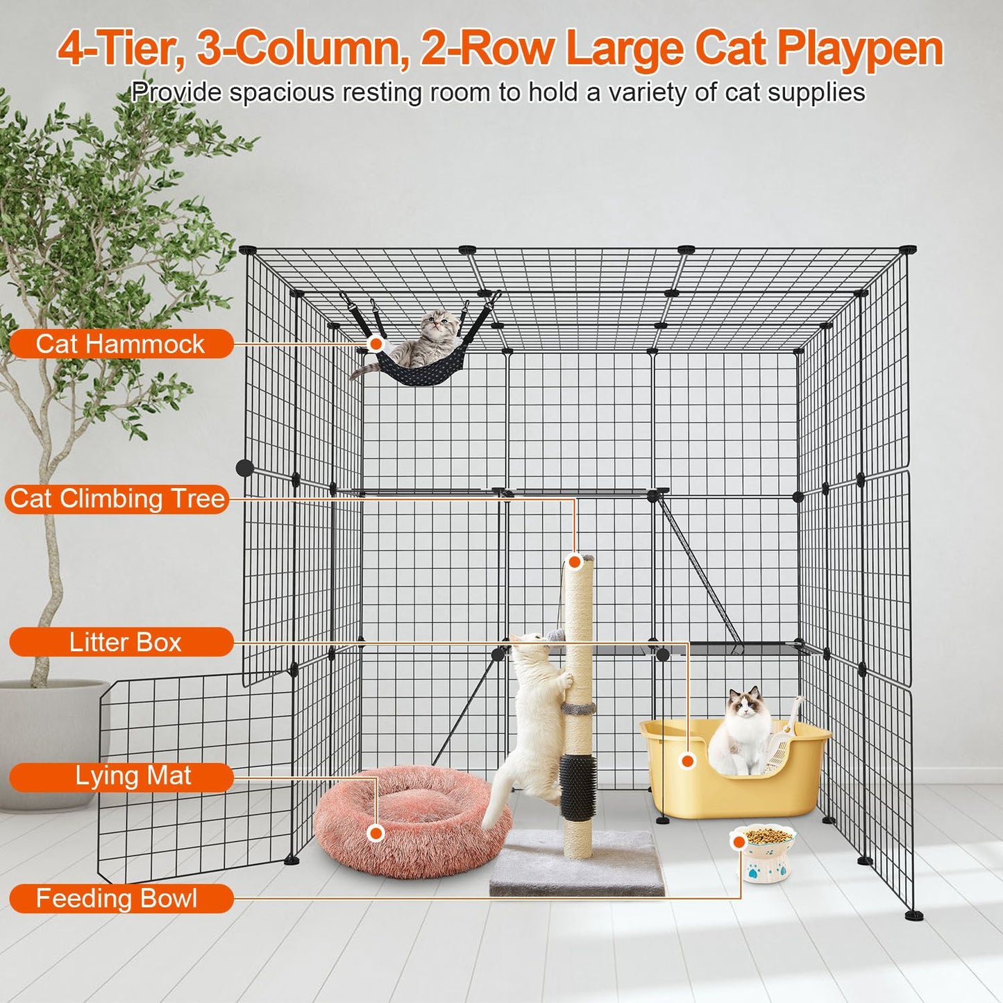 Diagram of large cat playpen with labels for hammock, climbing tree, litter box, mat and feeding bowl