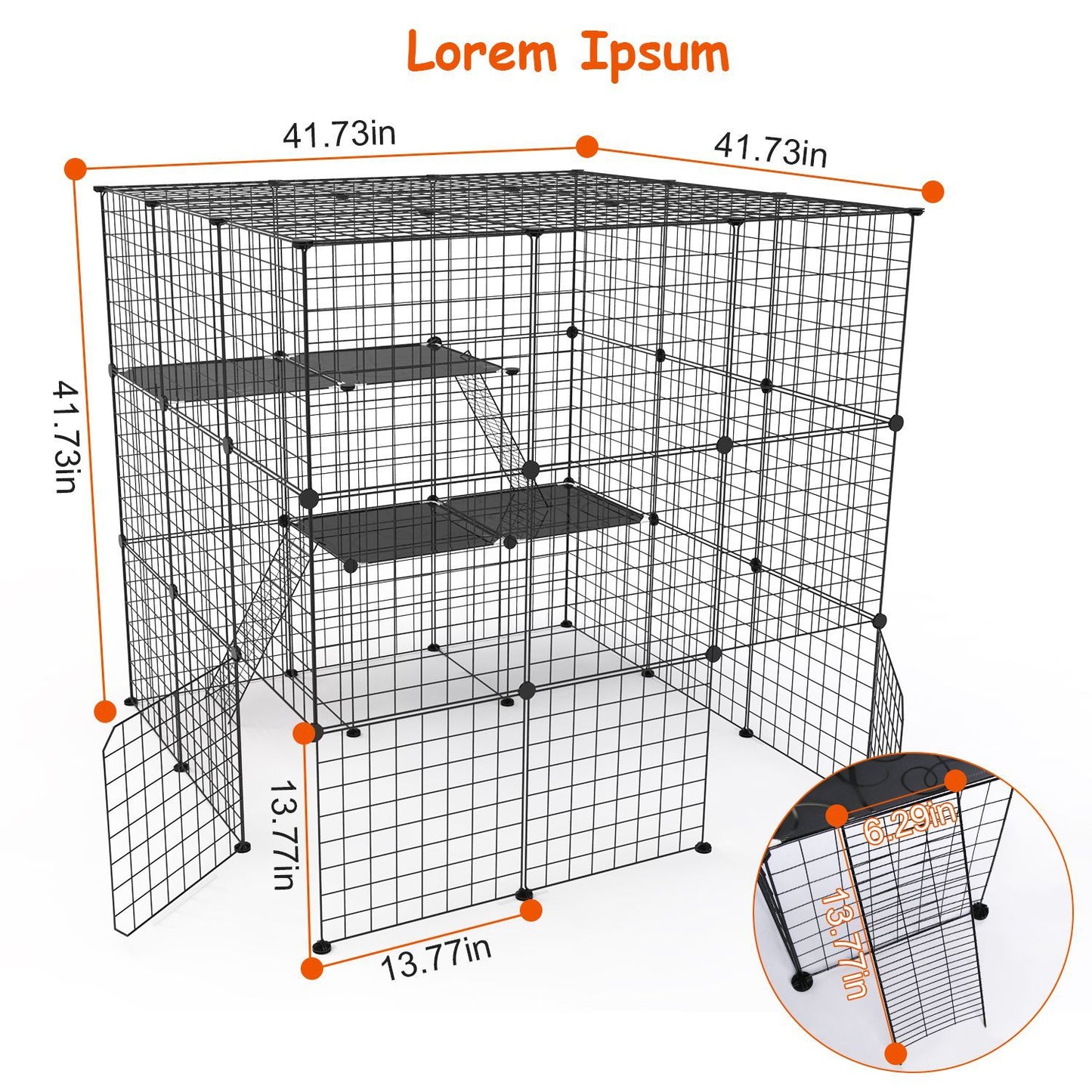 Dimension diagram of assembled playpen showing 41.73 in cube size and 13.77 in panel measurements