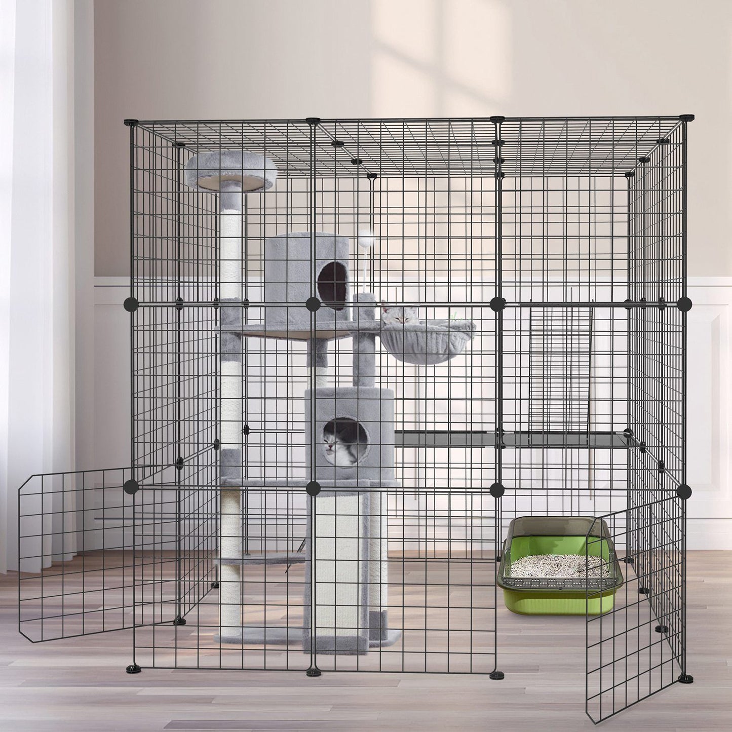 Playpen housing a tall cat tree and litter box showing interior fit and floor space