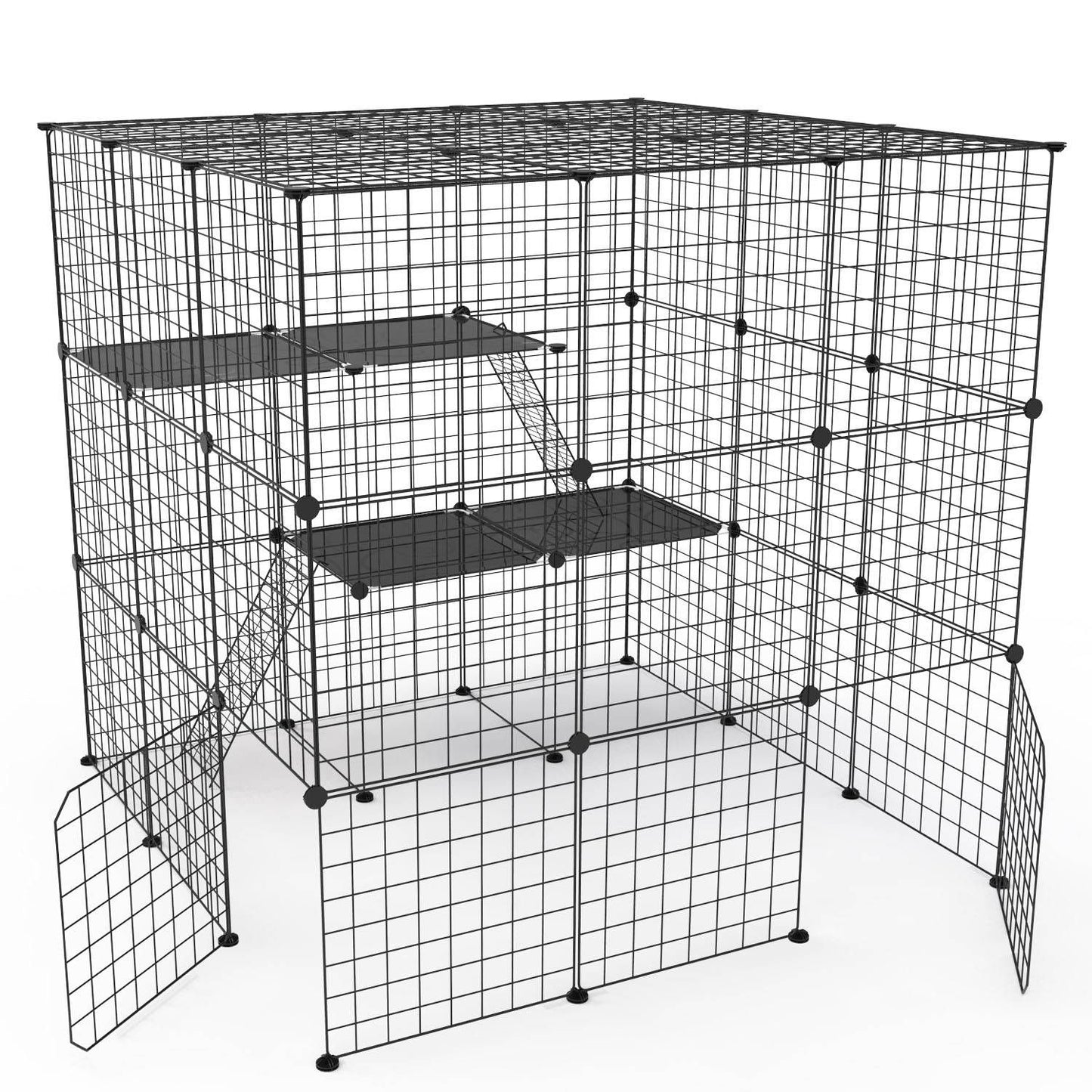 Empty assembled wire grid cat playpen showing platforms, ladders and two front doors