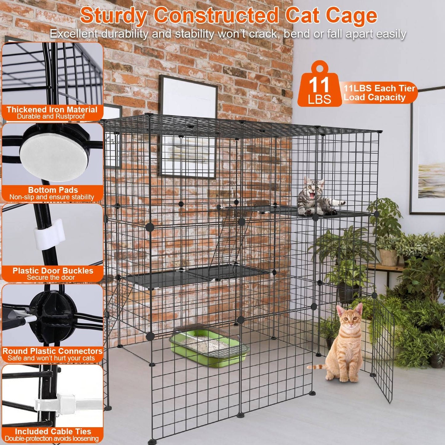 Sturdy black iron cat cage image with callouts for thickened iron, bottom pads and plastic connectors