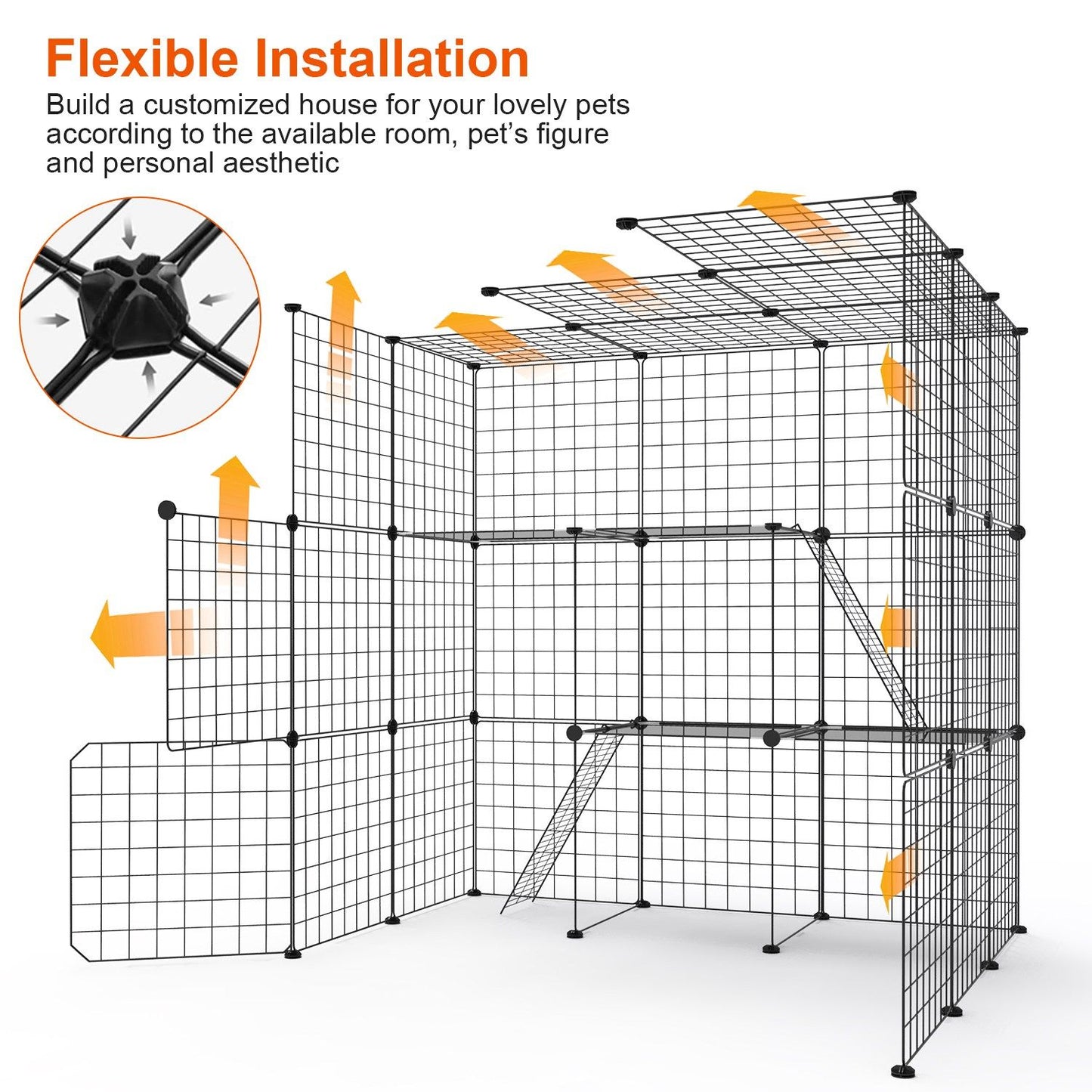 Flexible installation diagram showing configurable panels and connectors for customized playpen shapes