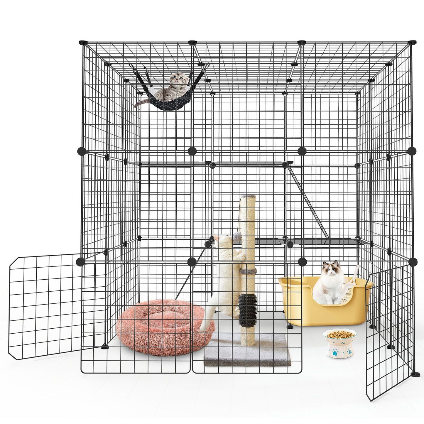 Front view of playpen staged with hammock, scratching post, litter box and cozy mat