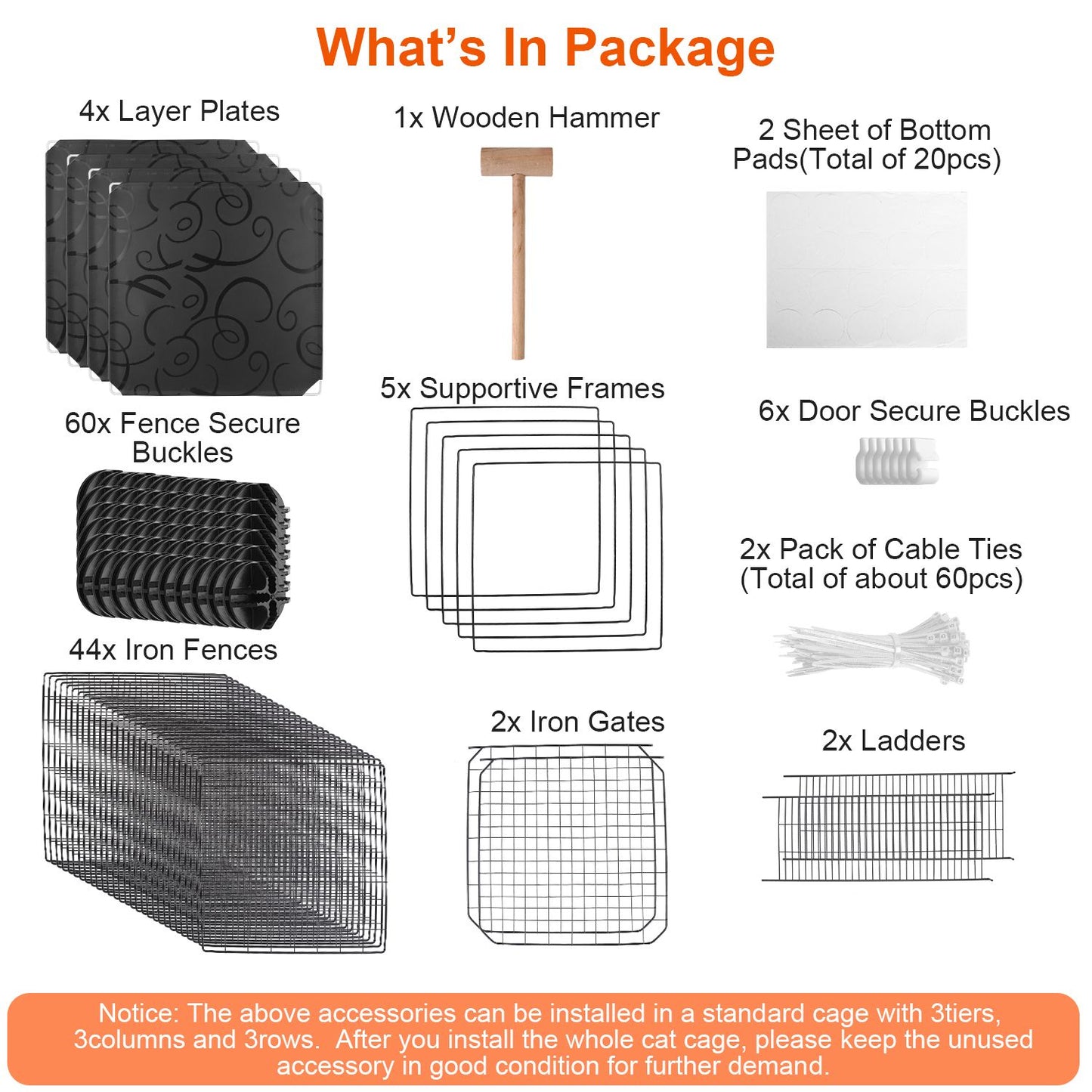 Package contents layout showing panels, layer plates, gates, ladders, buckles, cable ties and wooden hammer