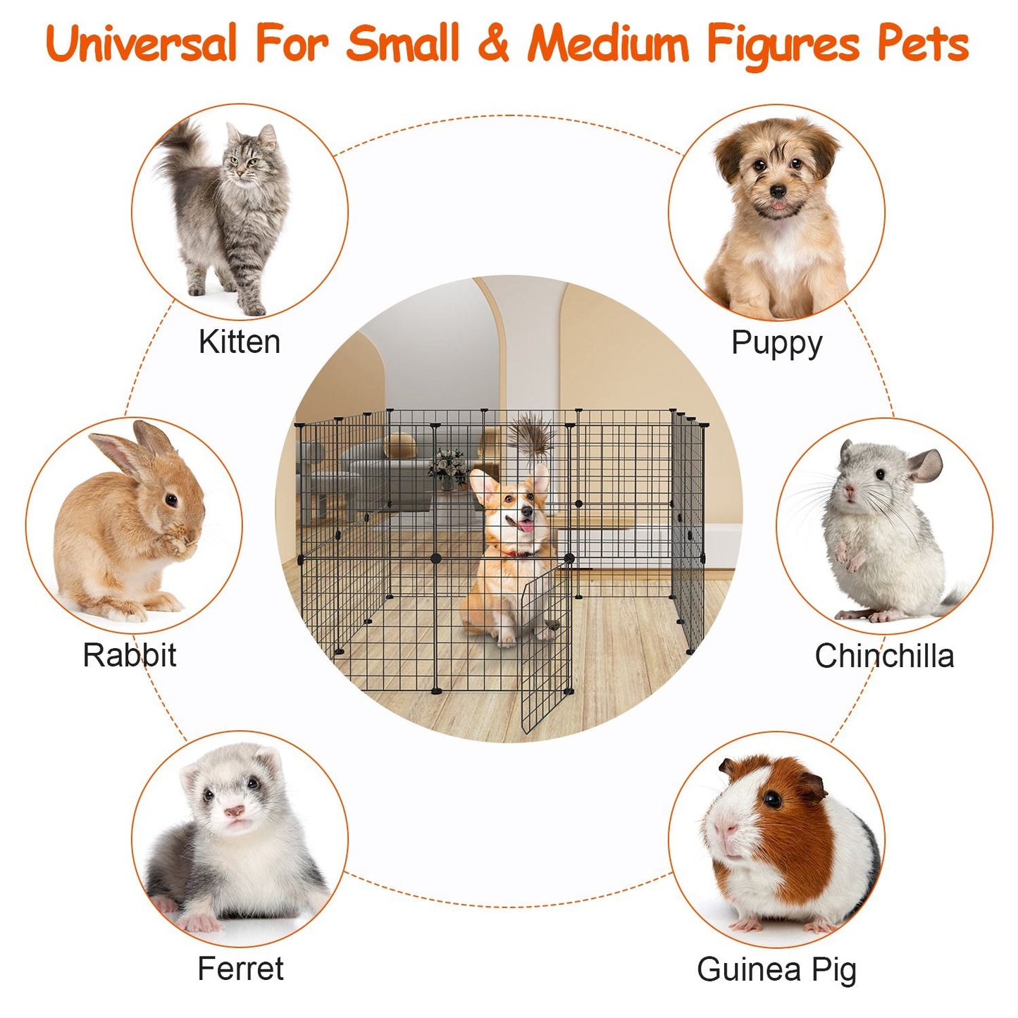 Diagram showing compatible small and medium pets around assembled playpen with a corgi inside