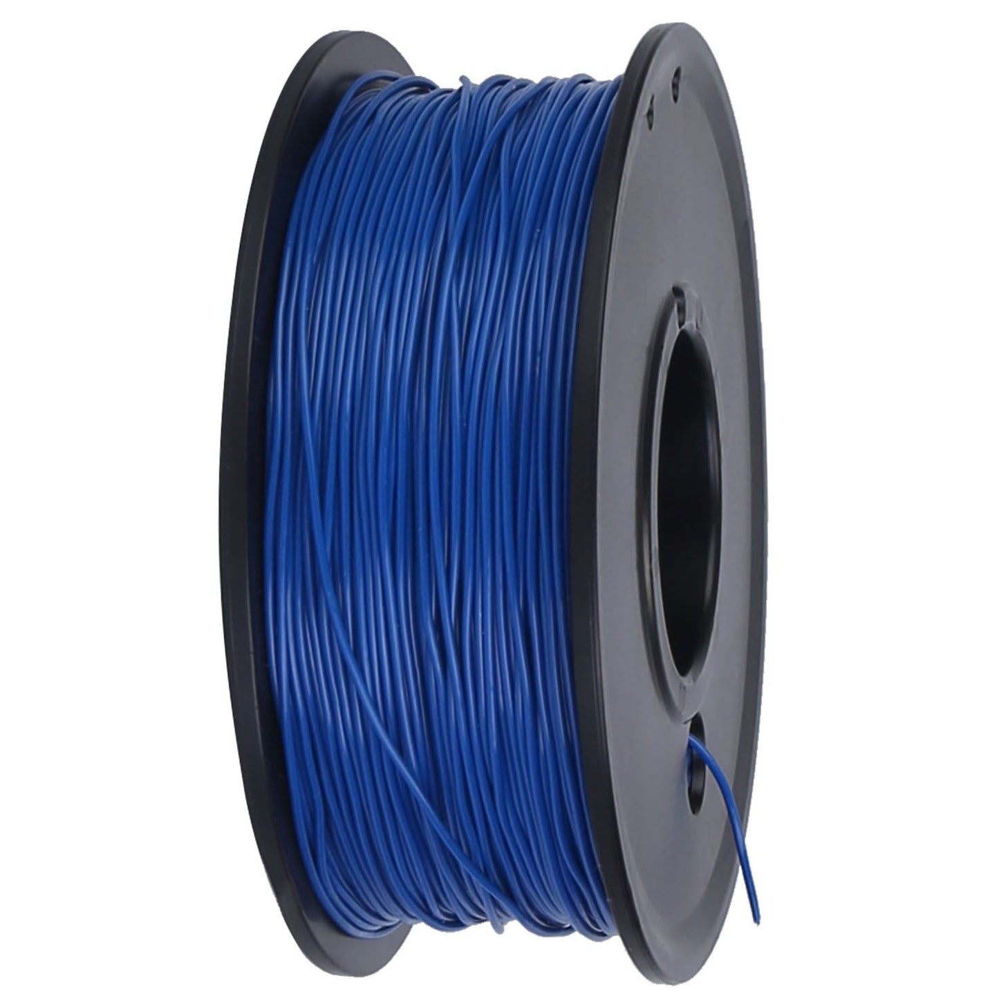 Angled side view of blue buried fence wire wound on black spool
