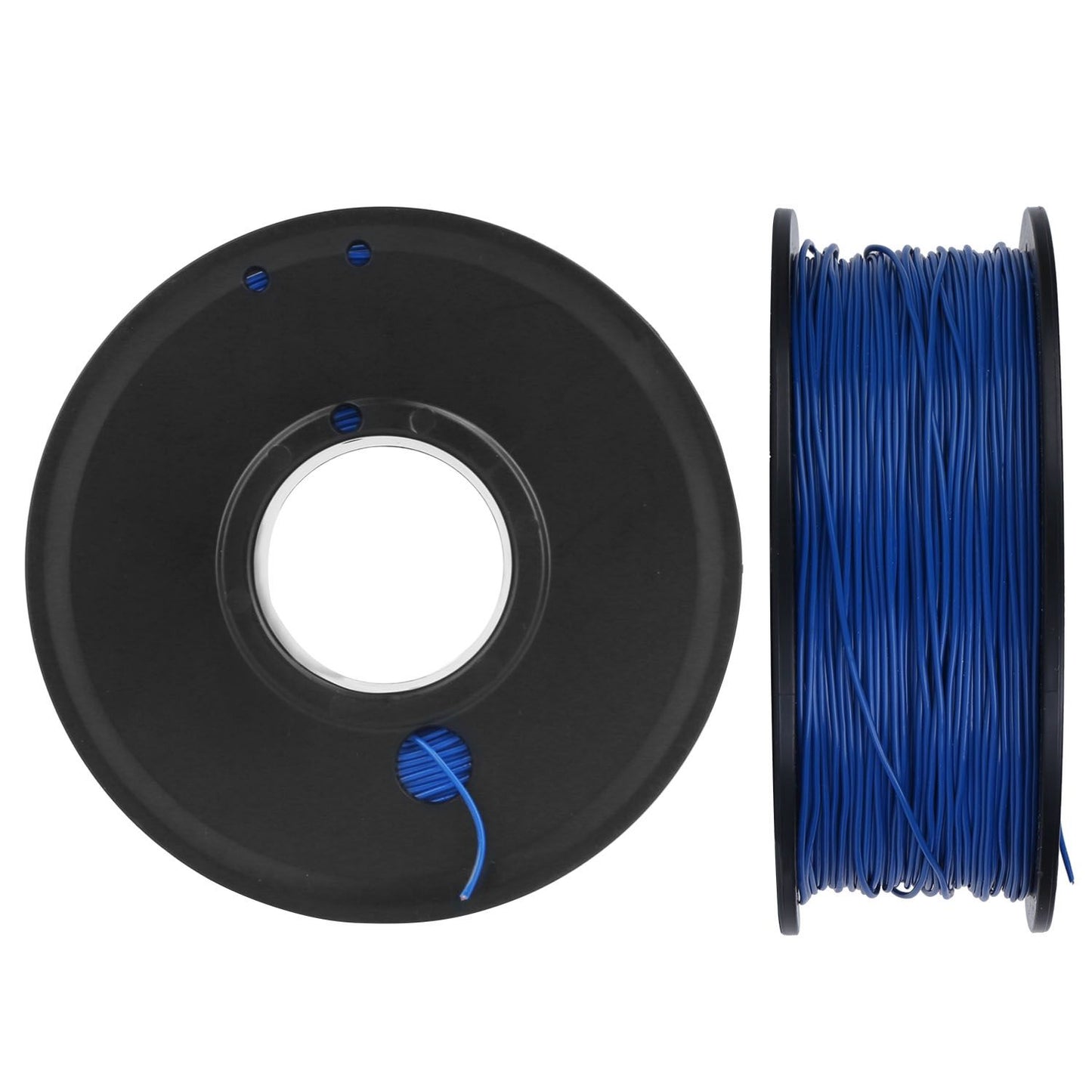 Top and side views of blue dog fence wire spool on white background