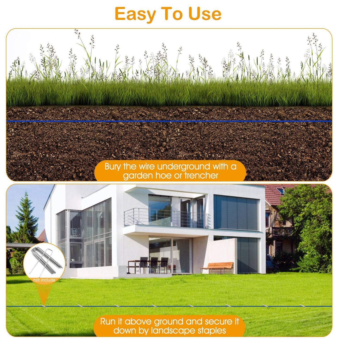 Graphic showing burying wire underground or staking wire above ground with staples