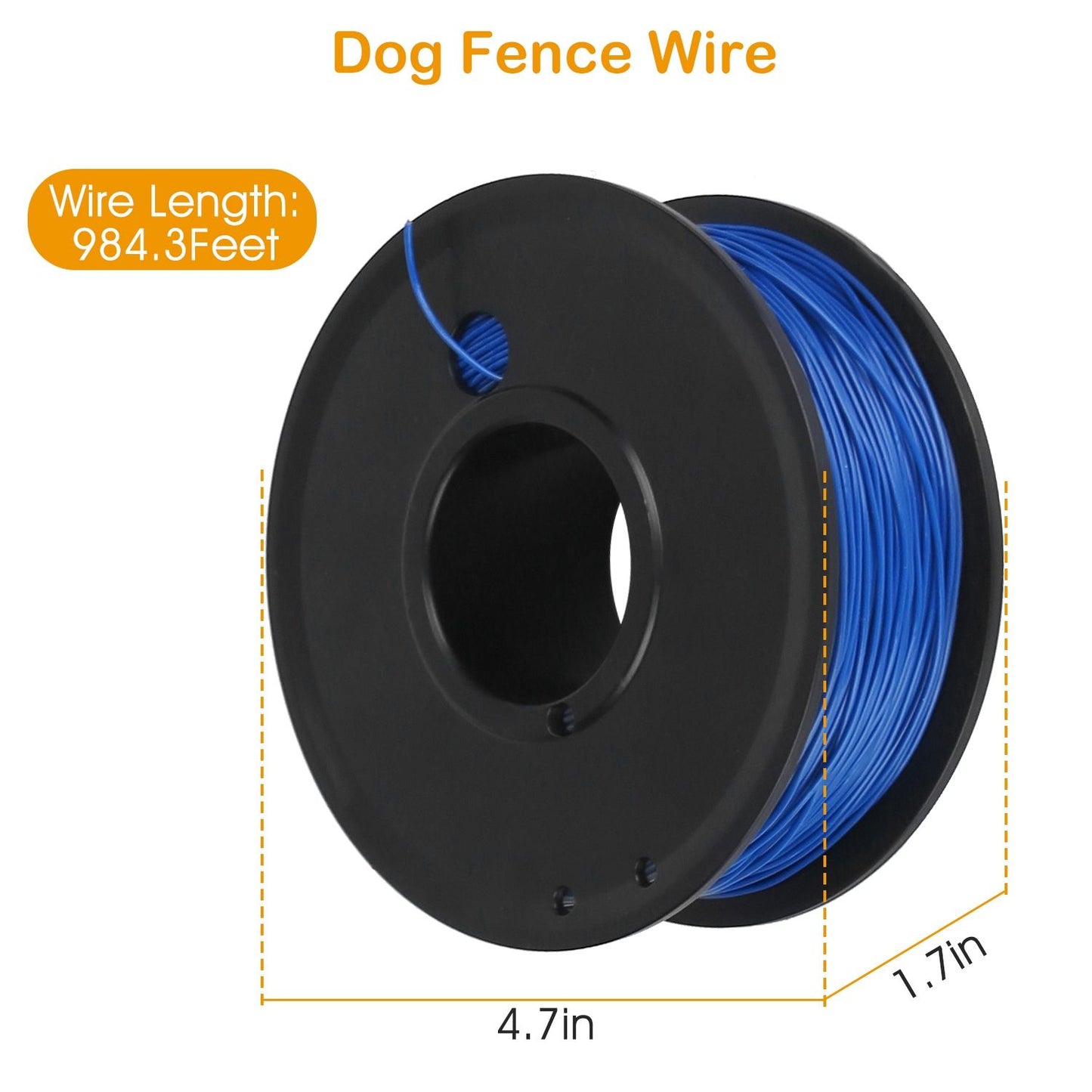 Blue dog fence wire spool with length and dimension overlay