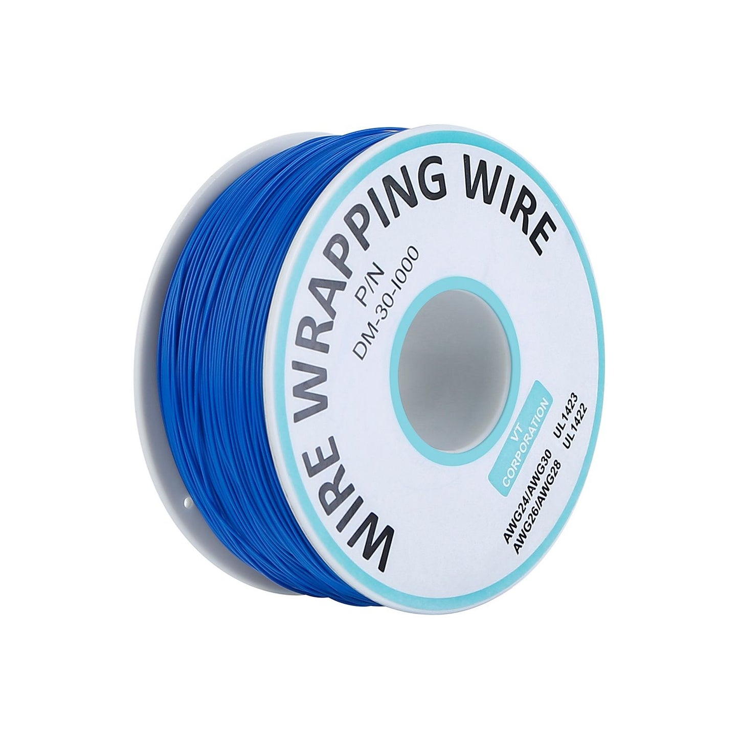 Close angled view of blue boundary wire spool with tail exiting reel