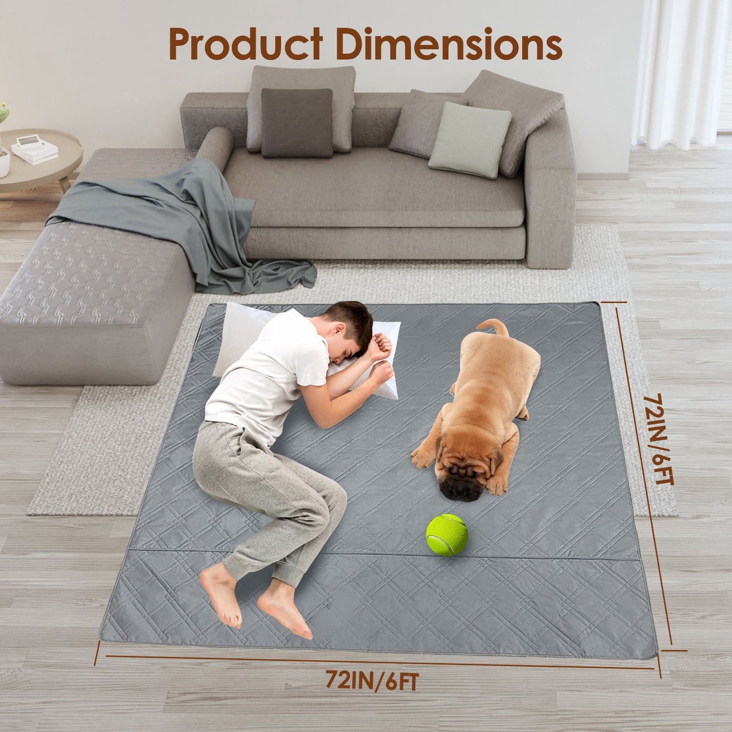 72x72 inch grey pad laid in living room with person and dog to show full coverage