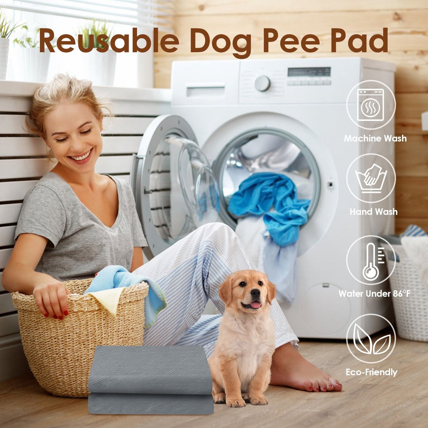 Folded grey washable pee pad beside washing machine with small puppy in laundry setting