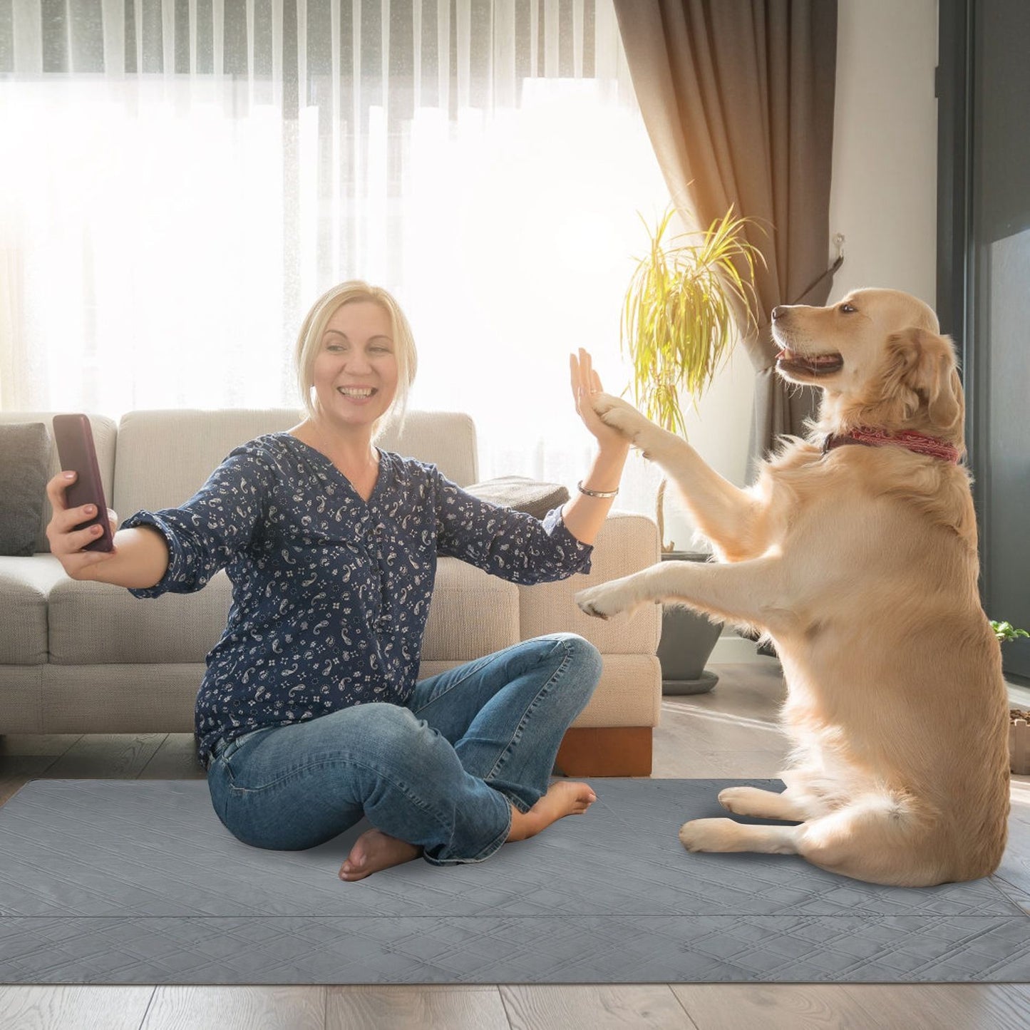 Person and large dog on grey quilted pad in living room showing comfort during play