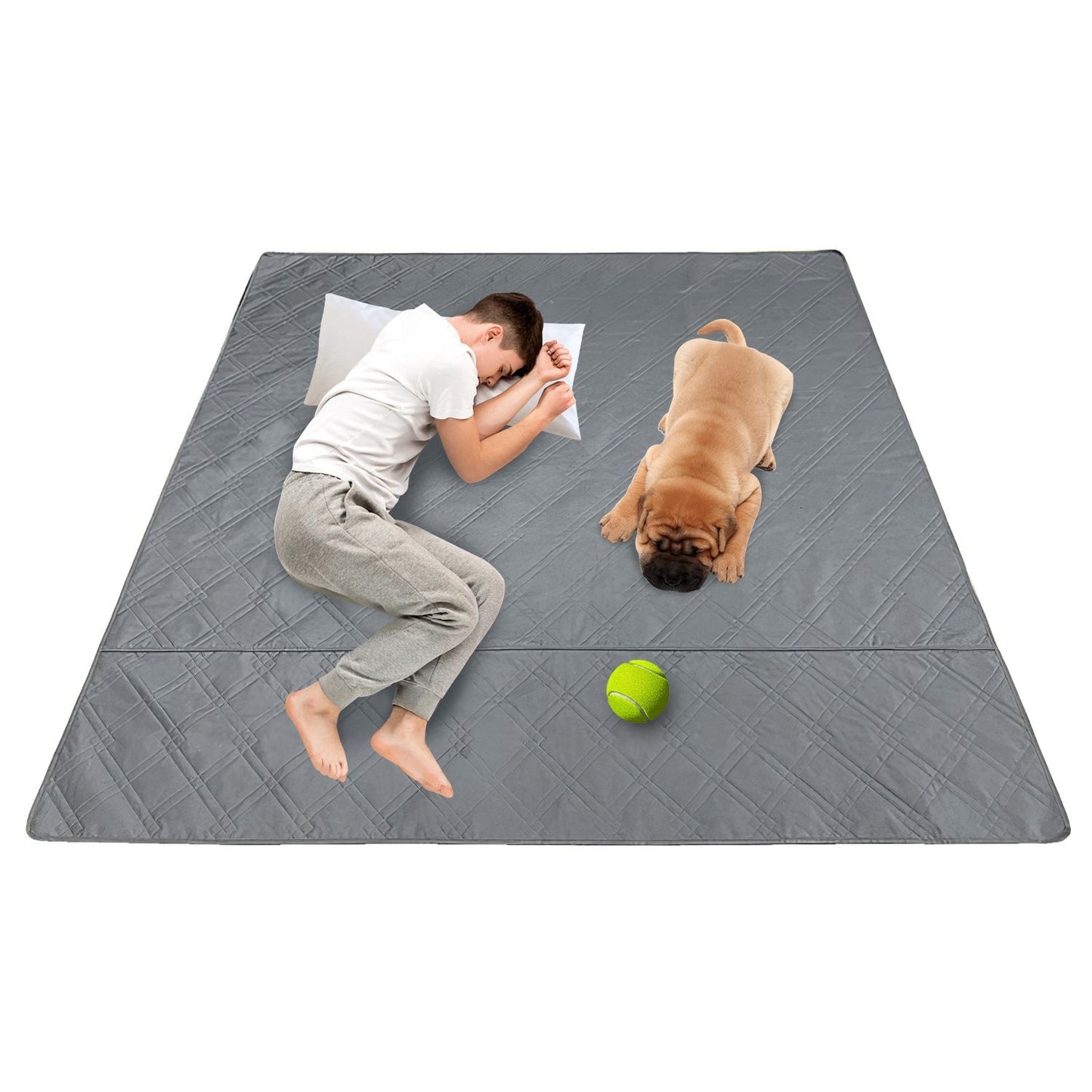 Angled view of grey quilted pad with person and dog to show large, soft play area