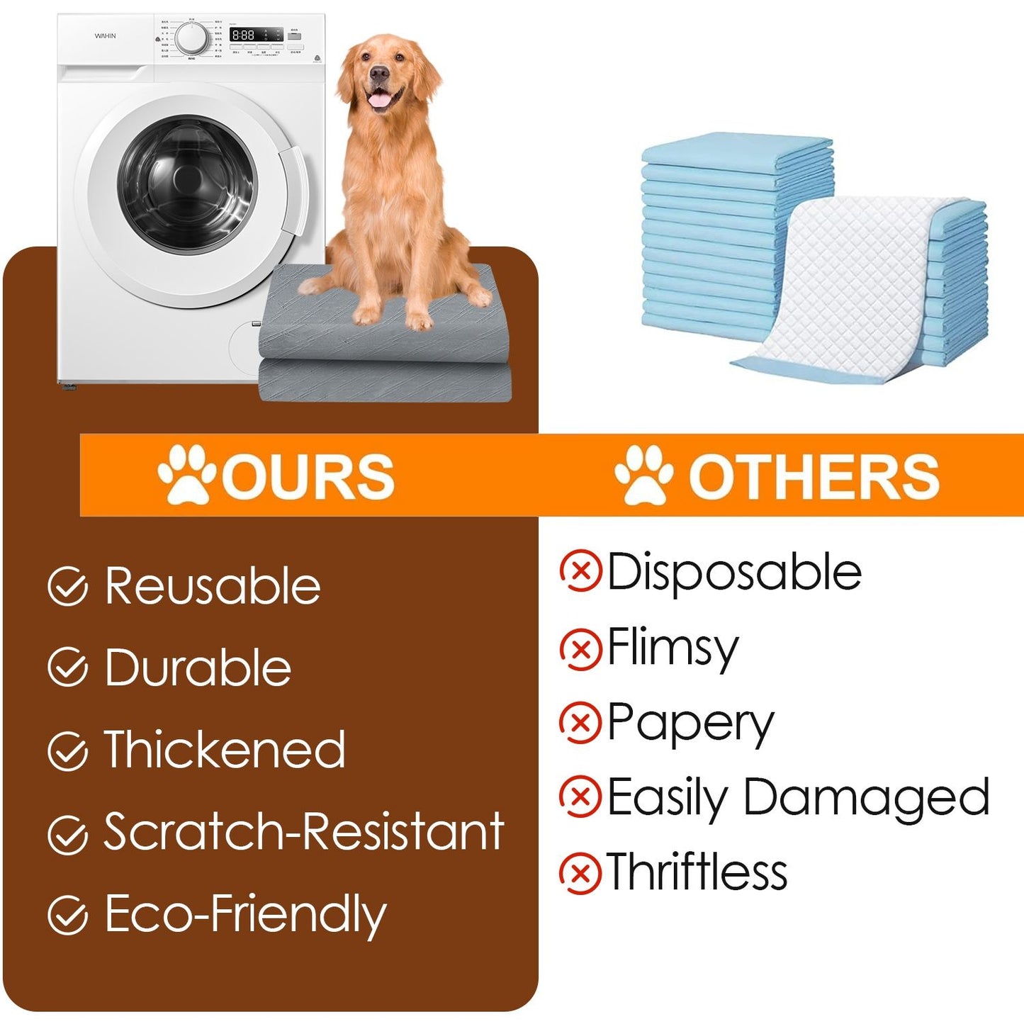 Graphic comparing reusable grey pad benefits to disposable paper pads