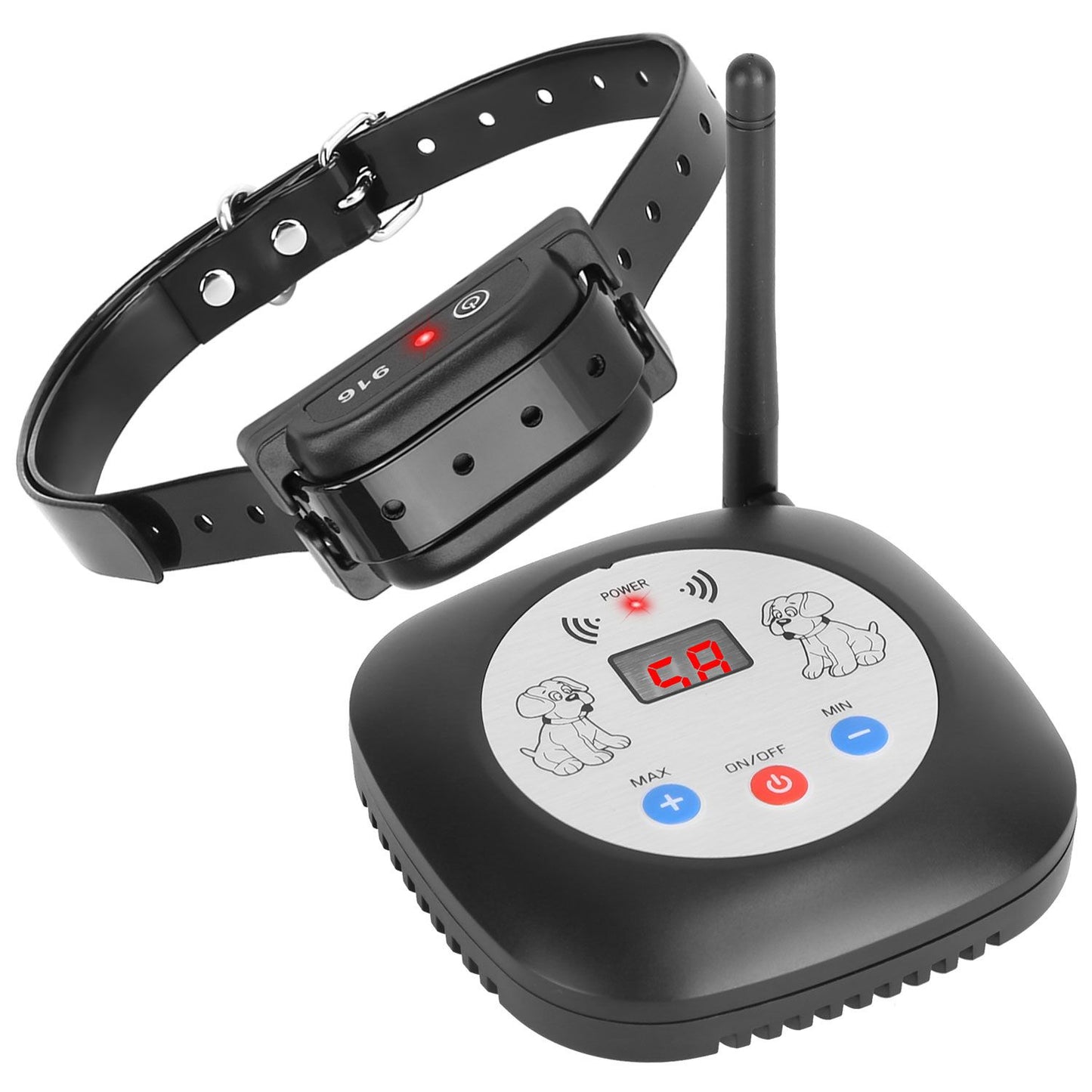 Single receiver collar paired with transmitter unit and vertical antenna on white background