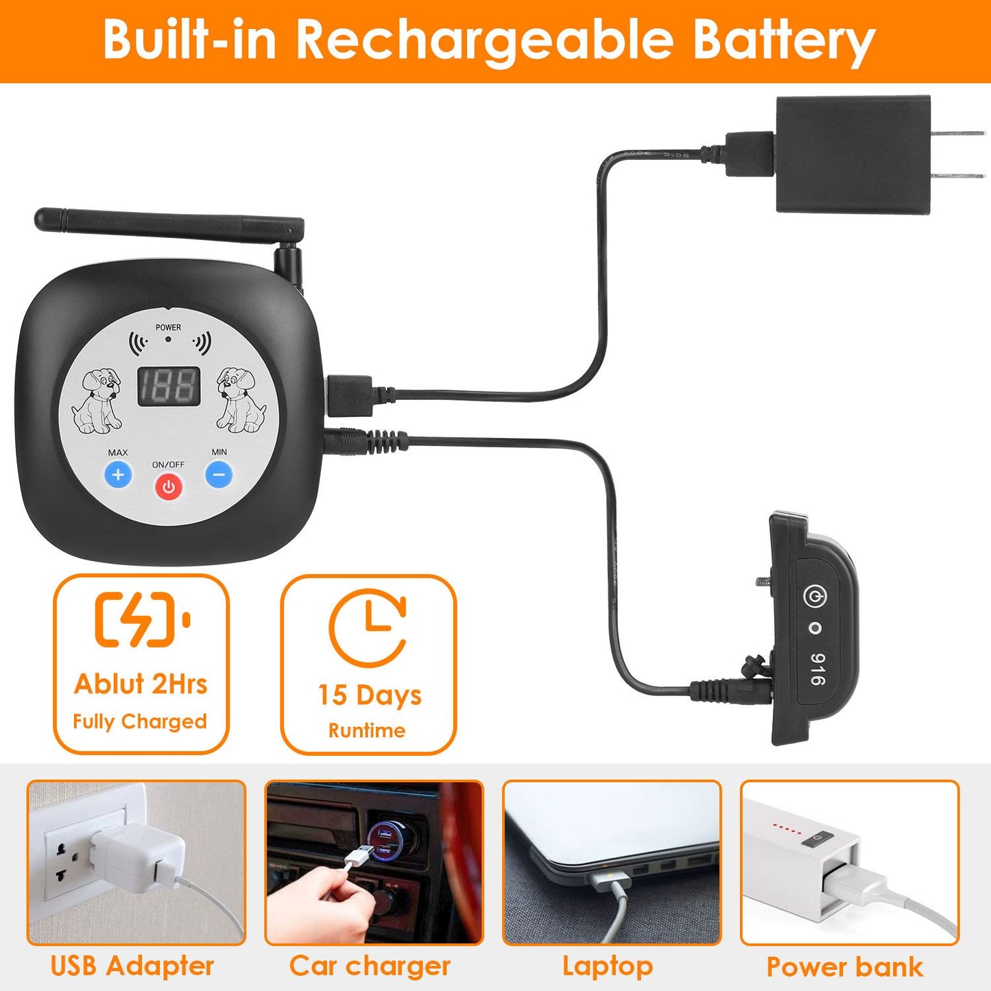 Charging options graphic showing transmitter and receiver with USB and power bank icons