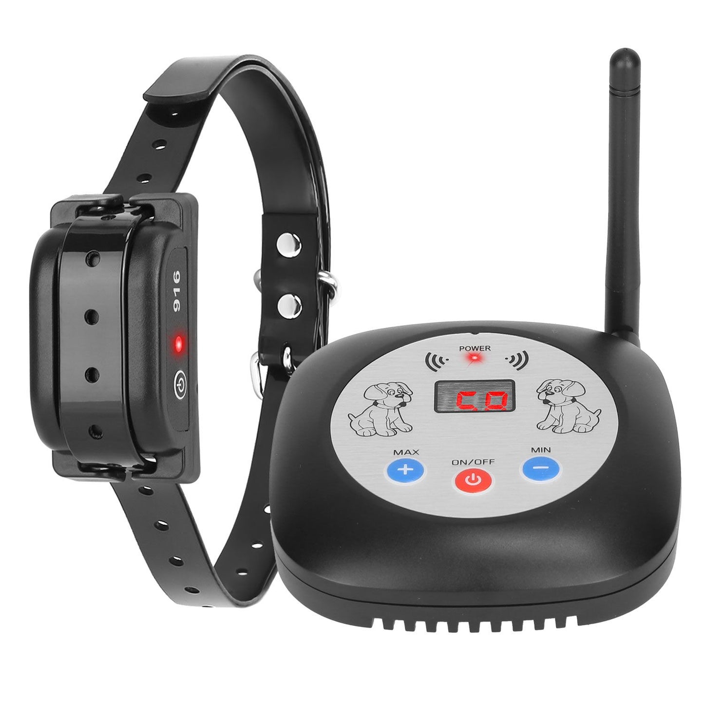 Transmitter with antenna and receiver module shown front angle with display and control buttons